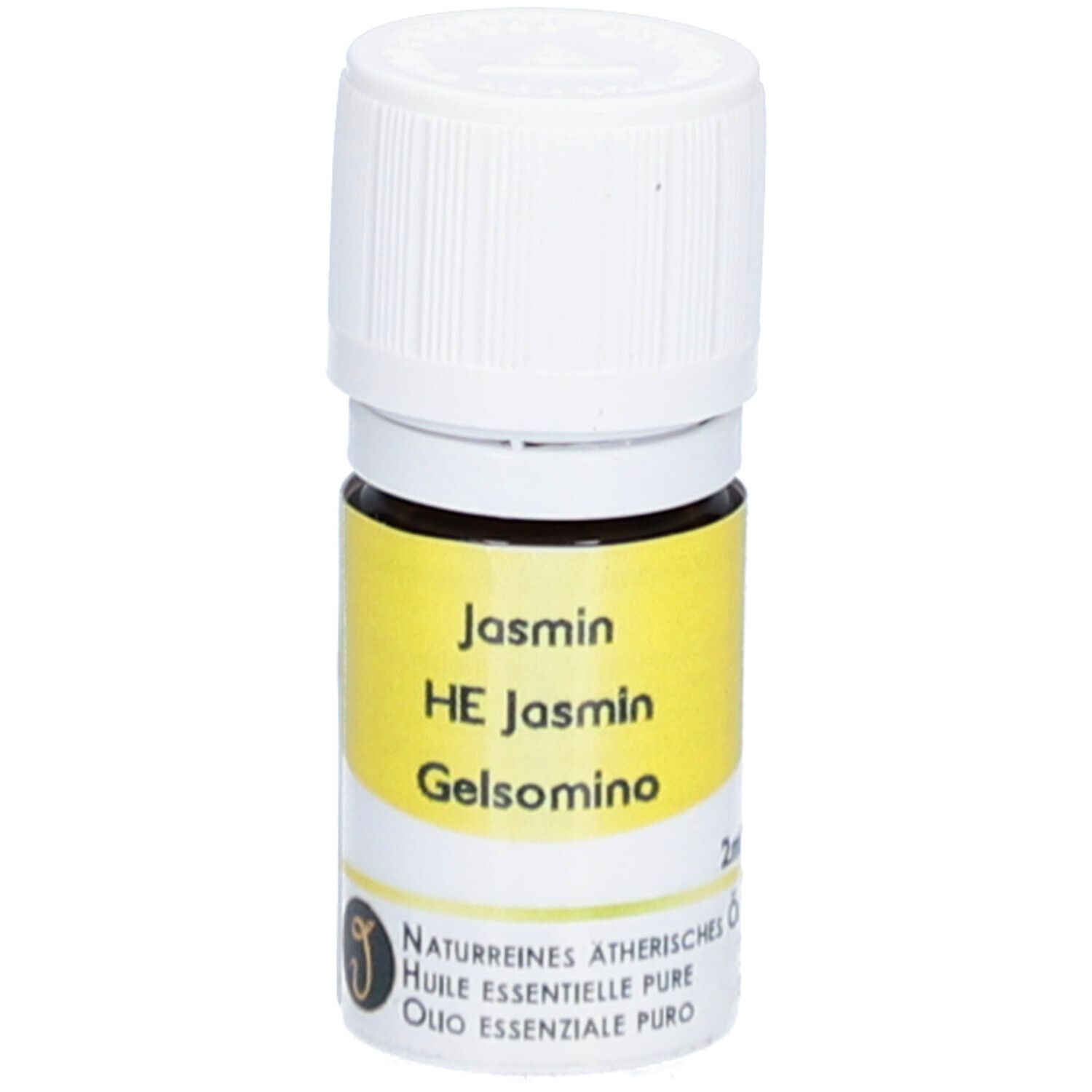Flacon en verre brun avec bouchon blanc. Étiquette jaune avec texte: Jasmin, HE Jasmin, Gelsomino. Huile essentielle pure.