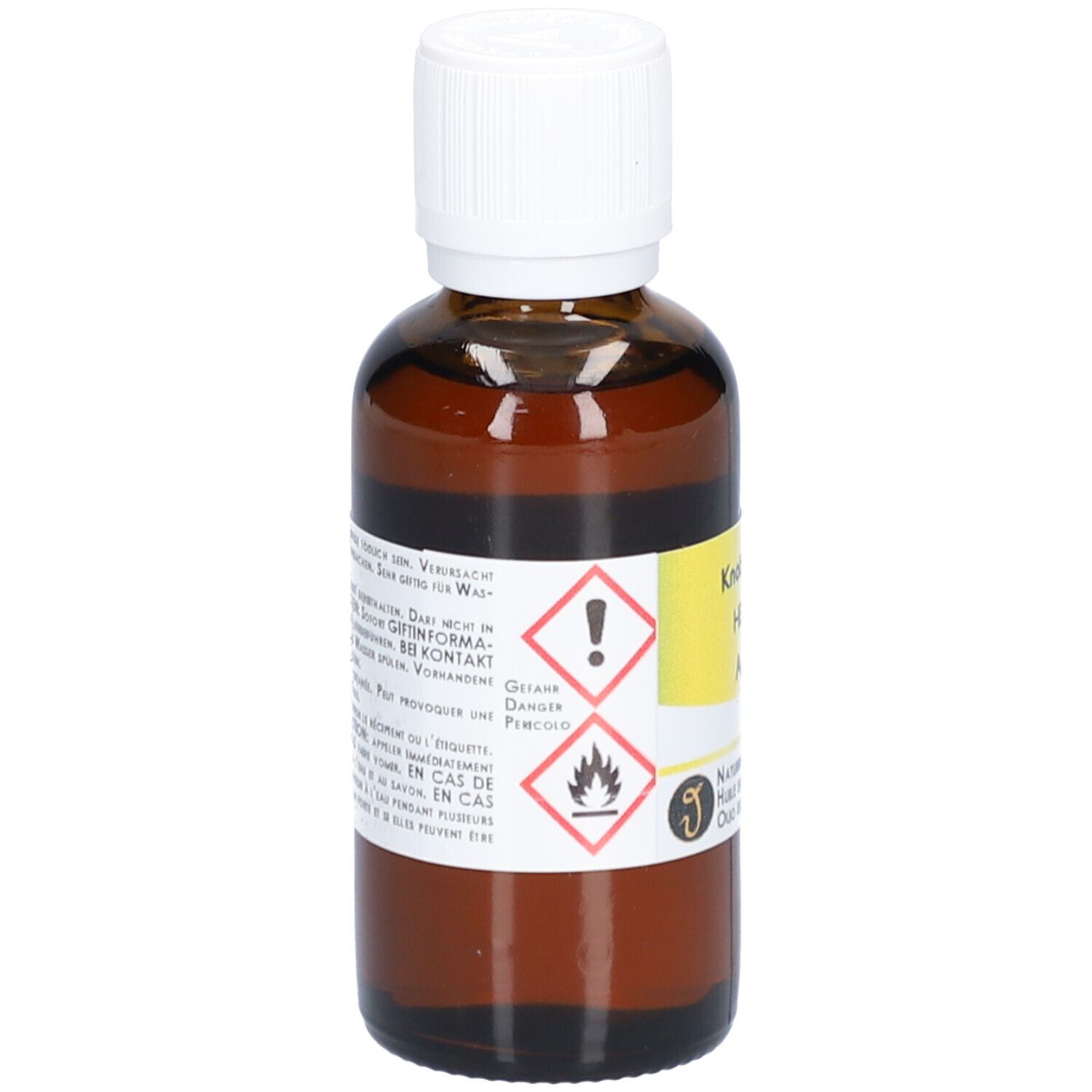 Flacon en verre brun avec bouchon blanc. Étiquette avec symboles d'avertissement et texte.