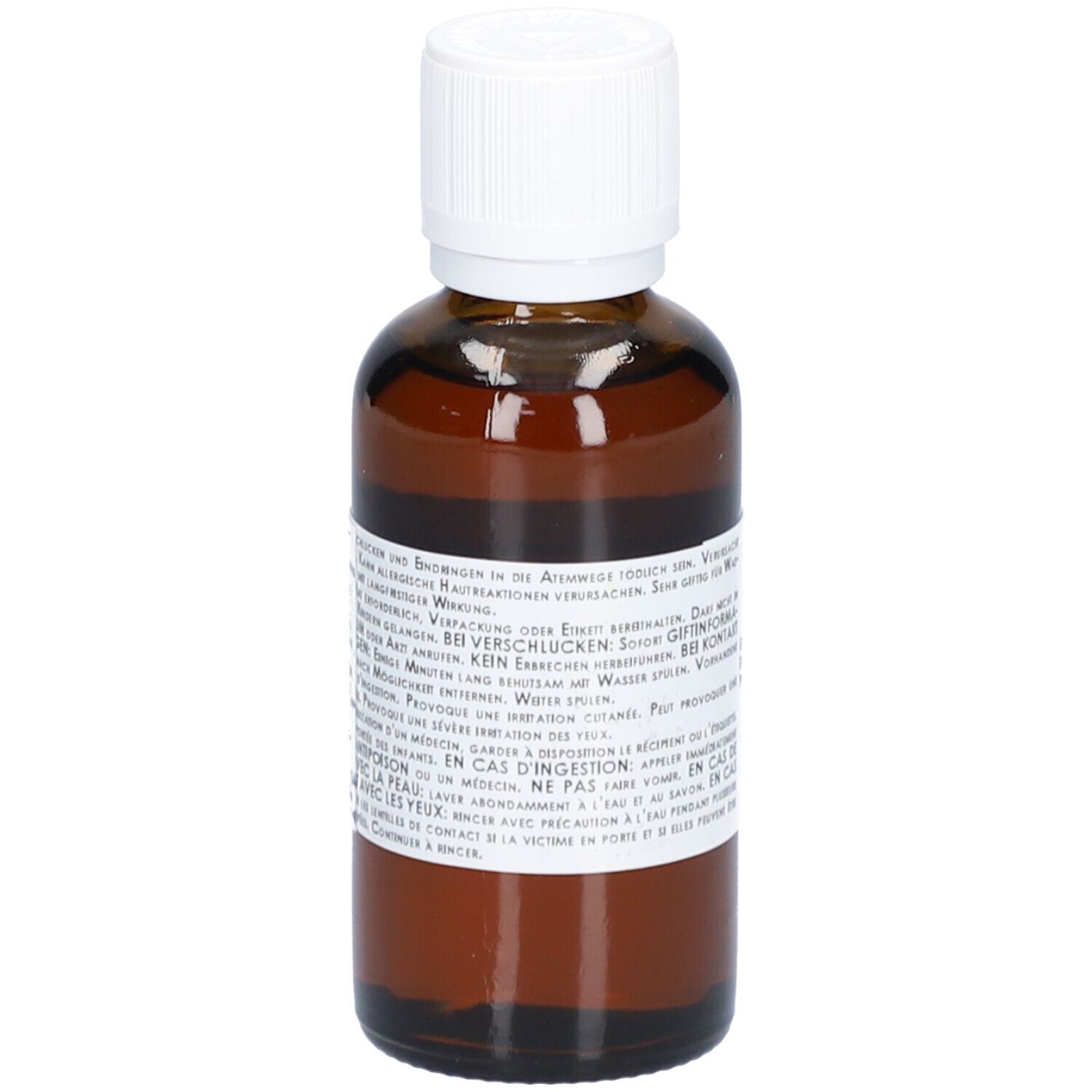 Flacon en verre brun avec bouchon blanc. Étiquette avec texte.