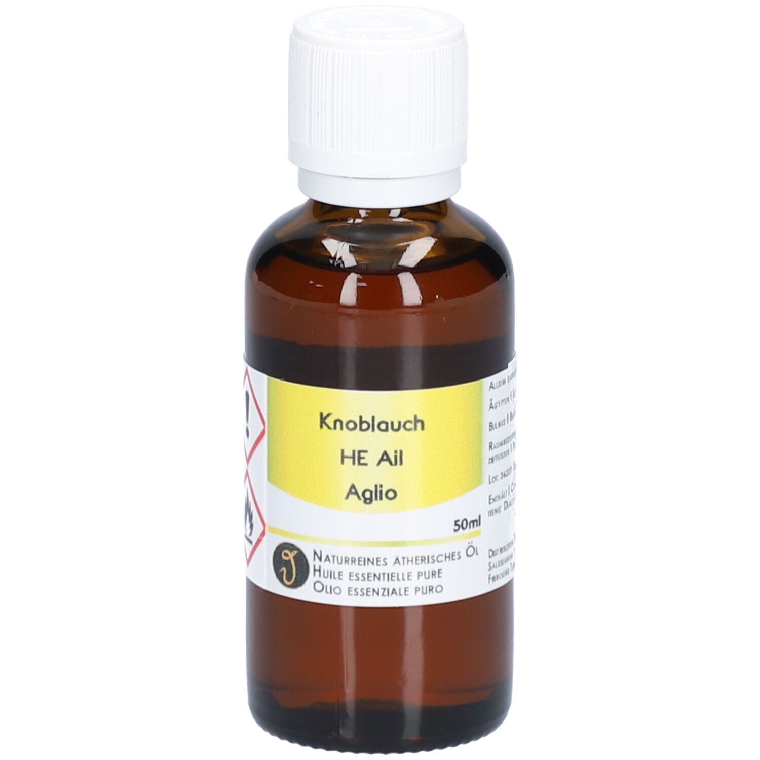 Flacon en verre brun avec bouchon blanc. Étiquette avec nom du produit et symboles d'avertissement.