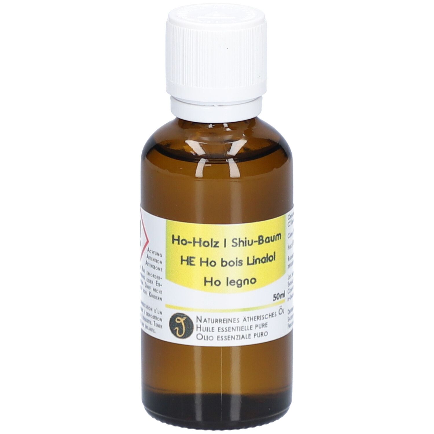 Flacon en verre brun avec bouchon blanc. Étiquette avec nom du produit et symbole d'avertissement. 50ml.