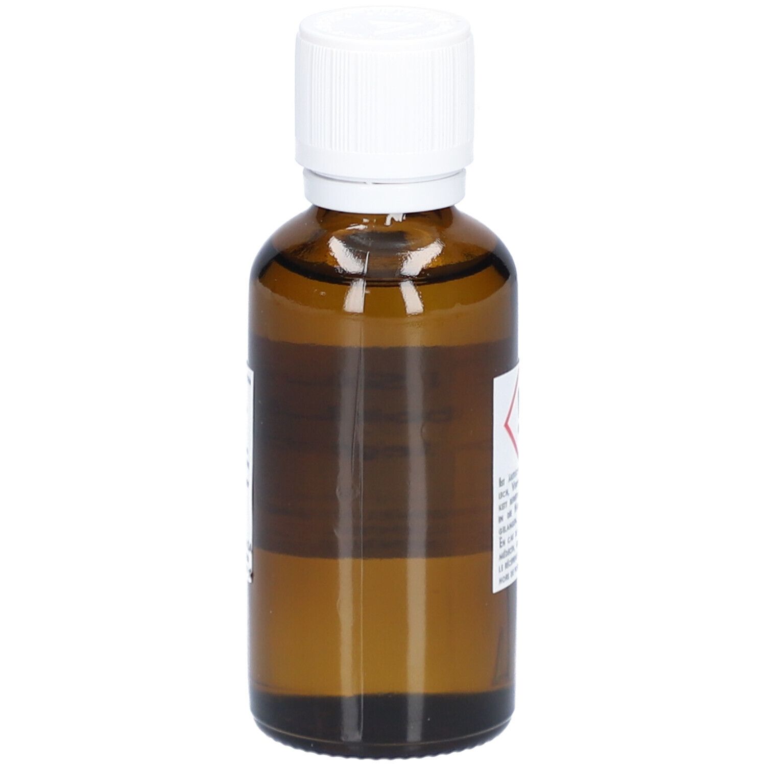 Flacon en verre brun avec bouchon blanc. Étiquette avec symbole d'avertissement. 50ml.