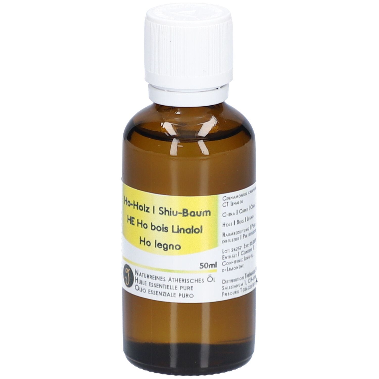 Flacon en verre brun avec bouchon blanc. Étiquette avec nom du produit et informations. 50ml.