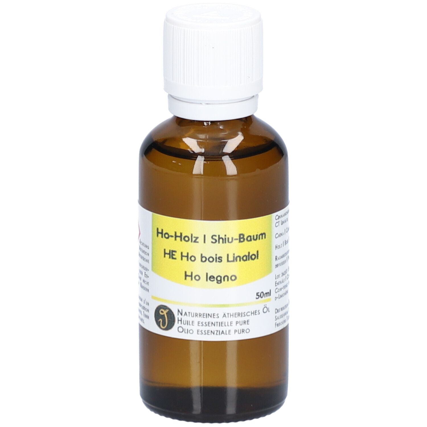 Flacon en verre brun avec bouchon blanc. Étiquette avec nom du produit et informations. 50ml.