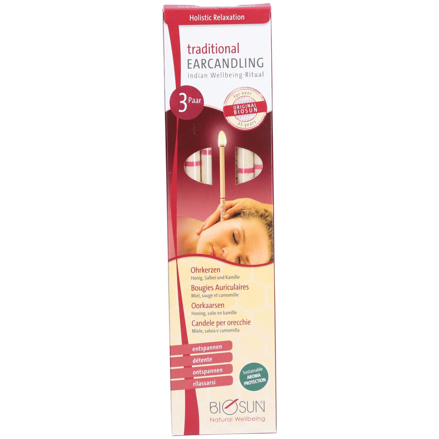 Boîte de bougies auriculaires. Logo "BIOSUN". 3 paires. Texte : "traditional EARCANDLING Indian Wellbeing Ritual".