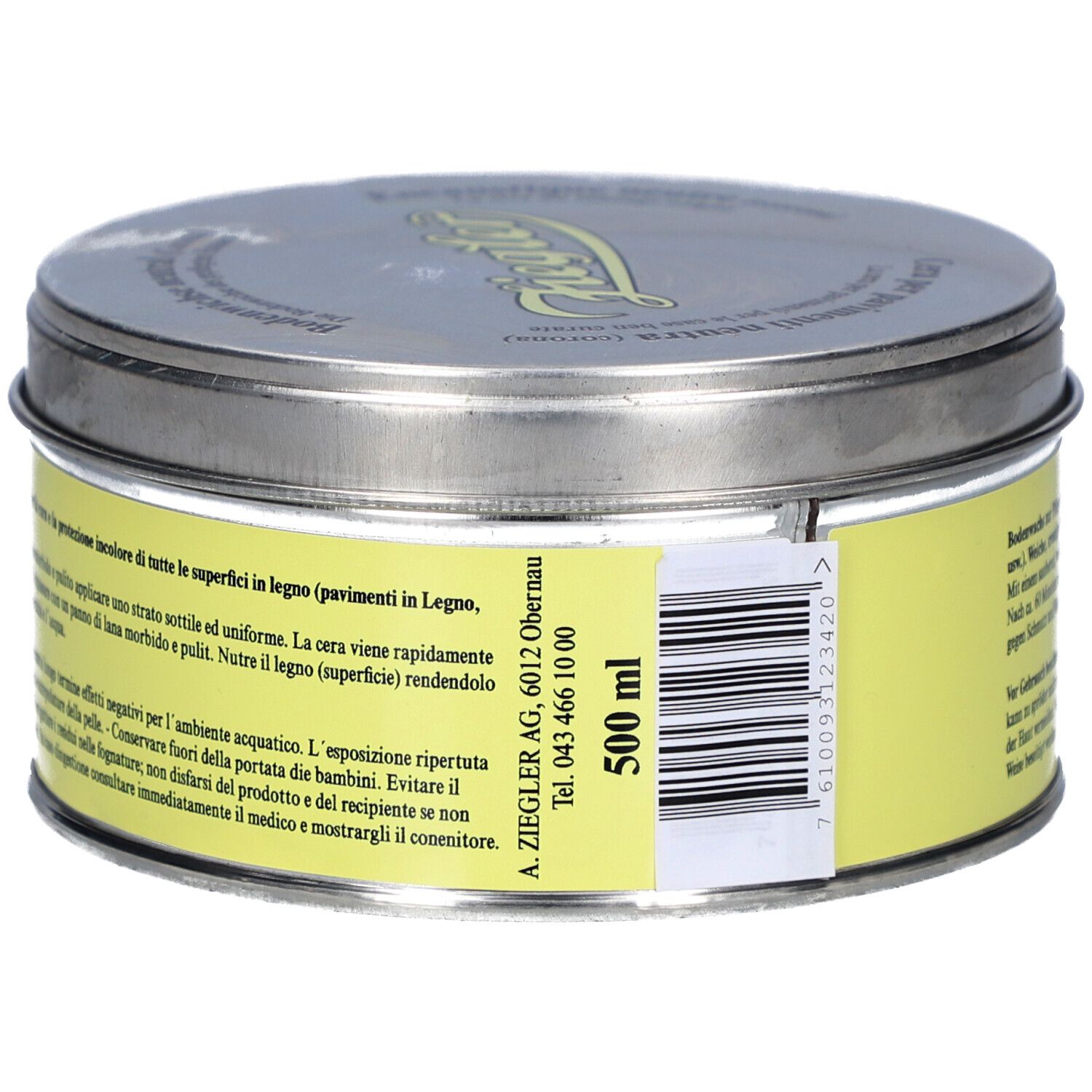 Boîte ronde avec étiquette jaune. Texte: ZIEGLER, Bodenwichse neutral. Inscription: 500 ml. Code-barres.