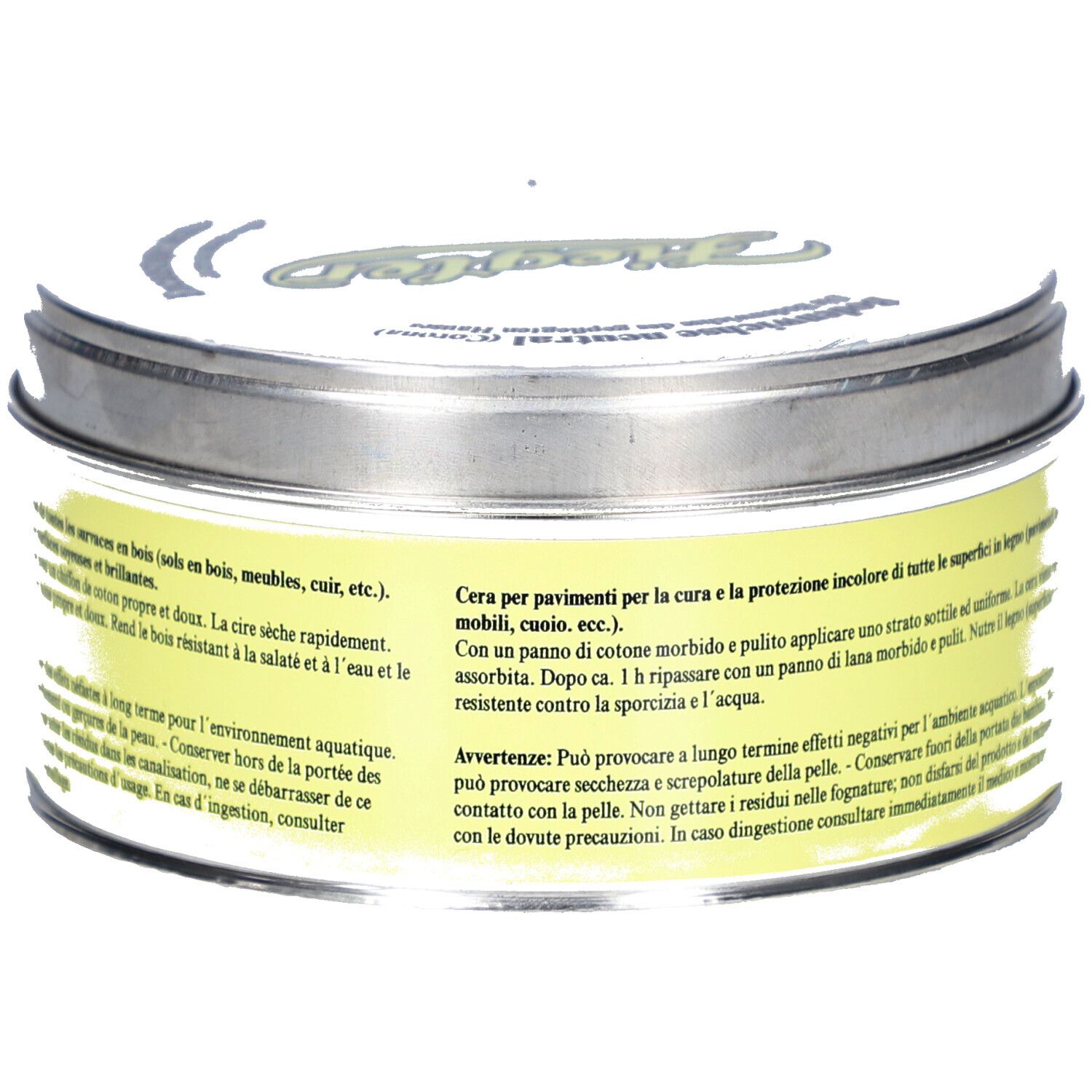 Boîte ronde avec étiquette jaune. Texte: ZIEGLER, Bodenwichse neutral. Informations produit en italien.