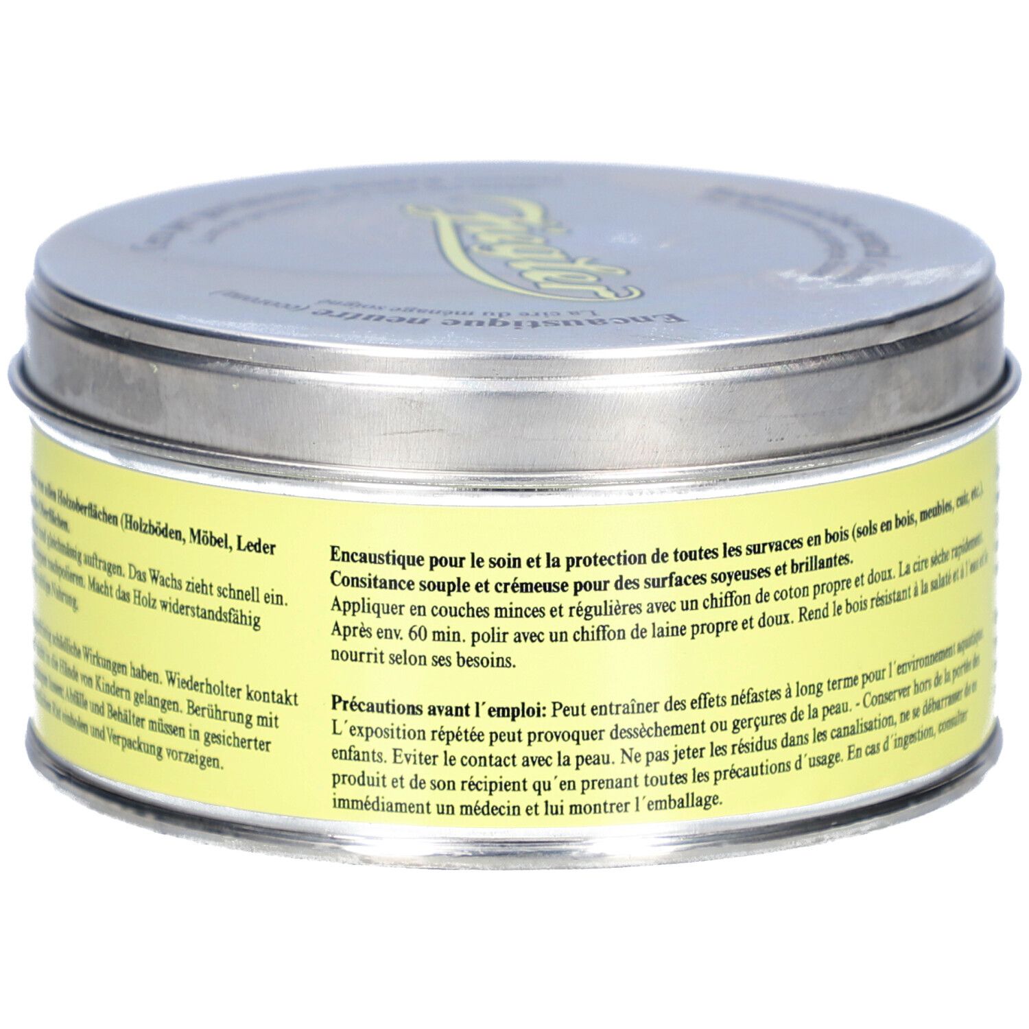 Boîte ronde avec étiquette jaune. Texte: ZIEGLER, Bodenwichse neutral. Informations produit en français.