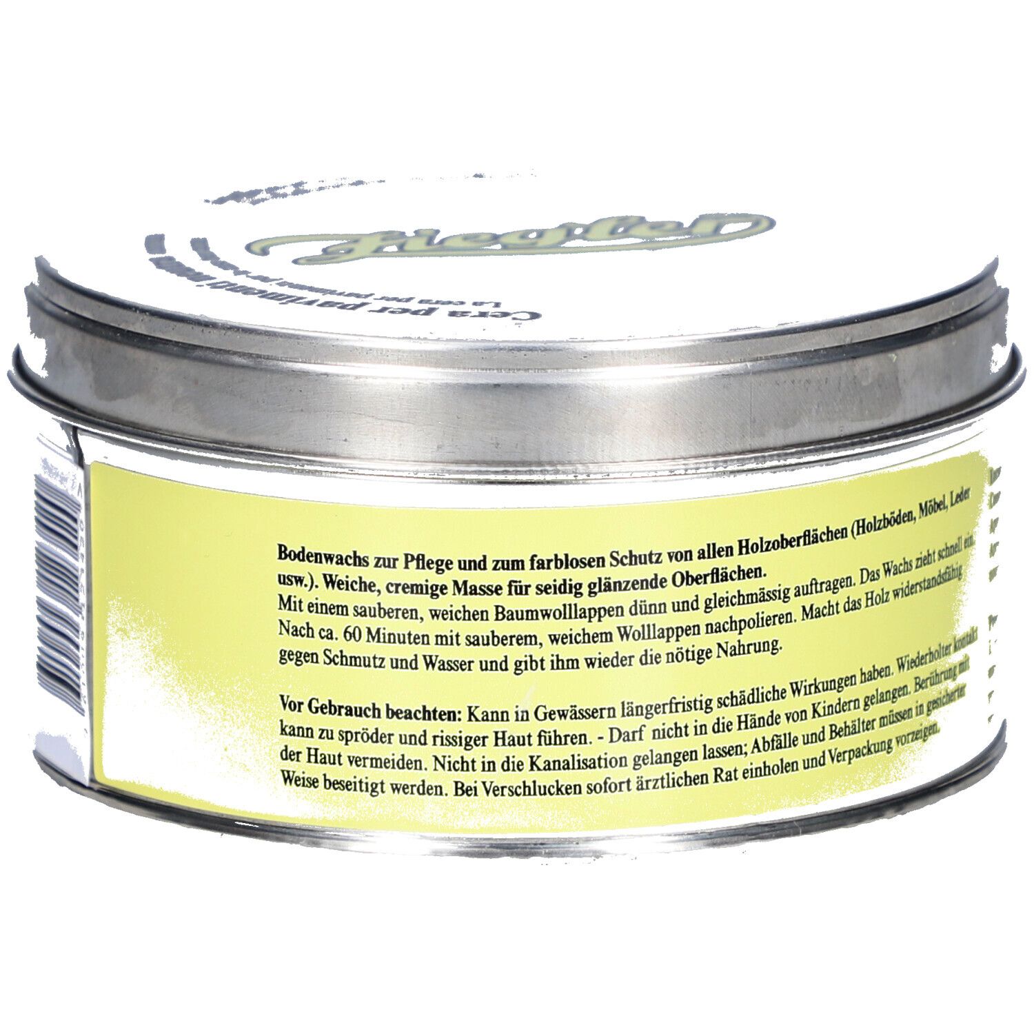 Boîte ronde avec étiquette jaune. Texte: ZIEGLER, Bodenwichse neutral. Informations produit au dos.