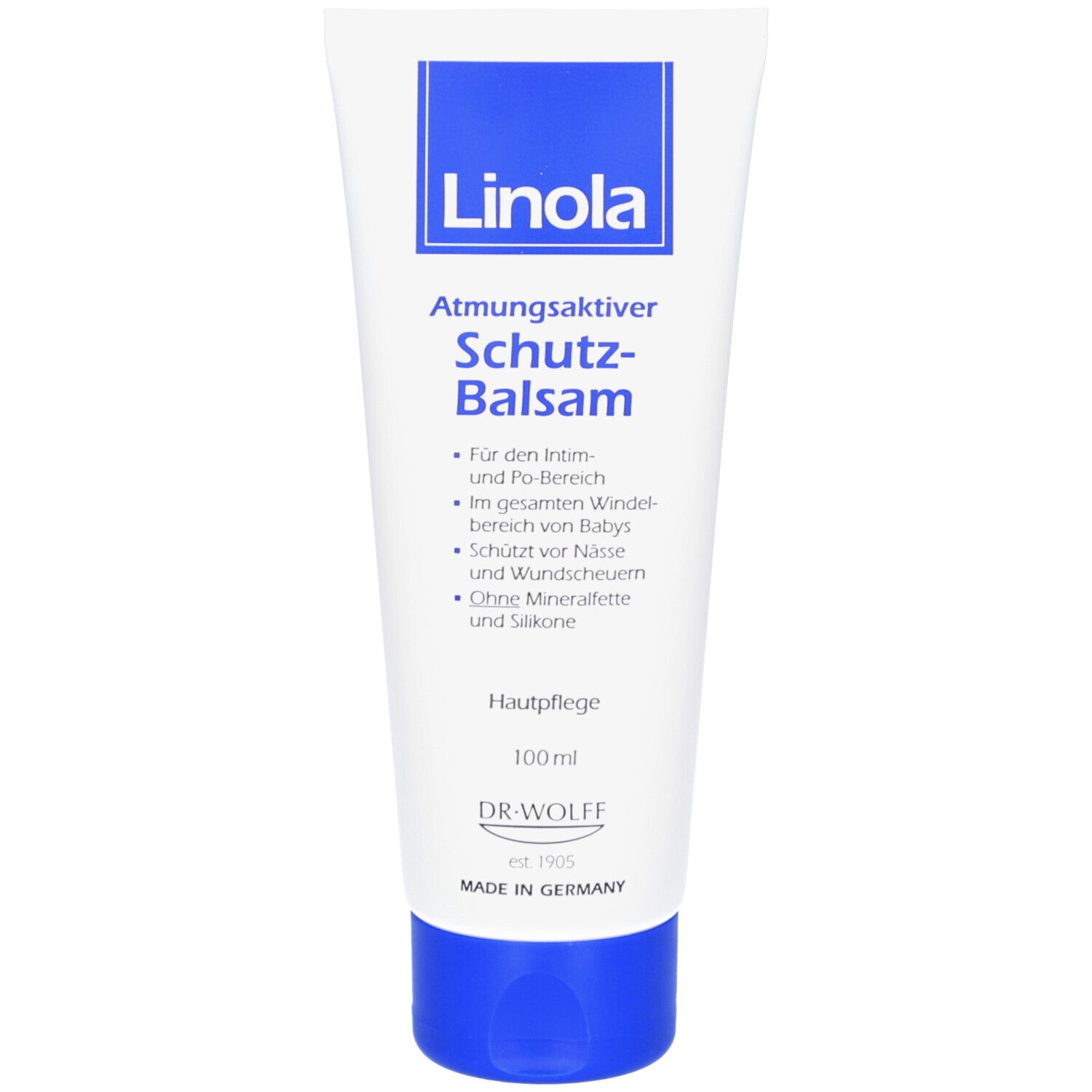 Tube blanche, bouchon bleu. Inscription Linola, Schutz-Balsam. 100ml. Dr. Wolff.