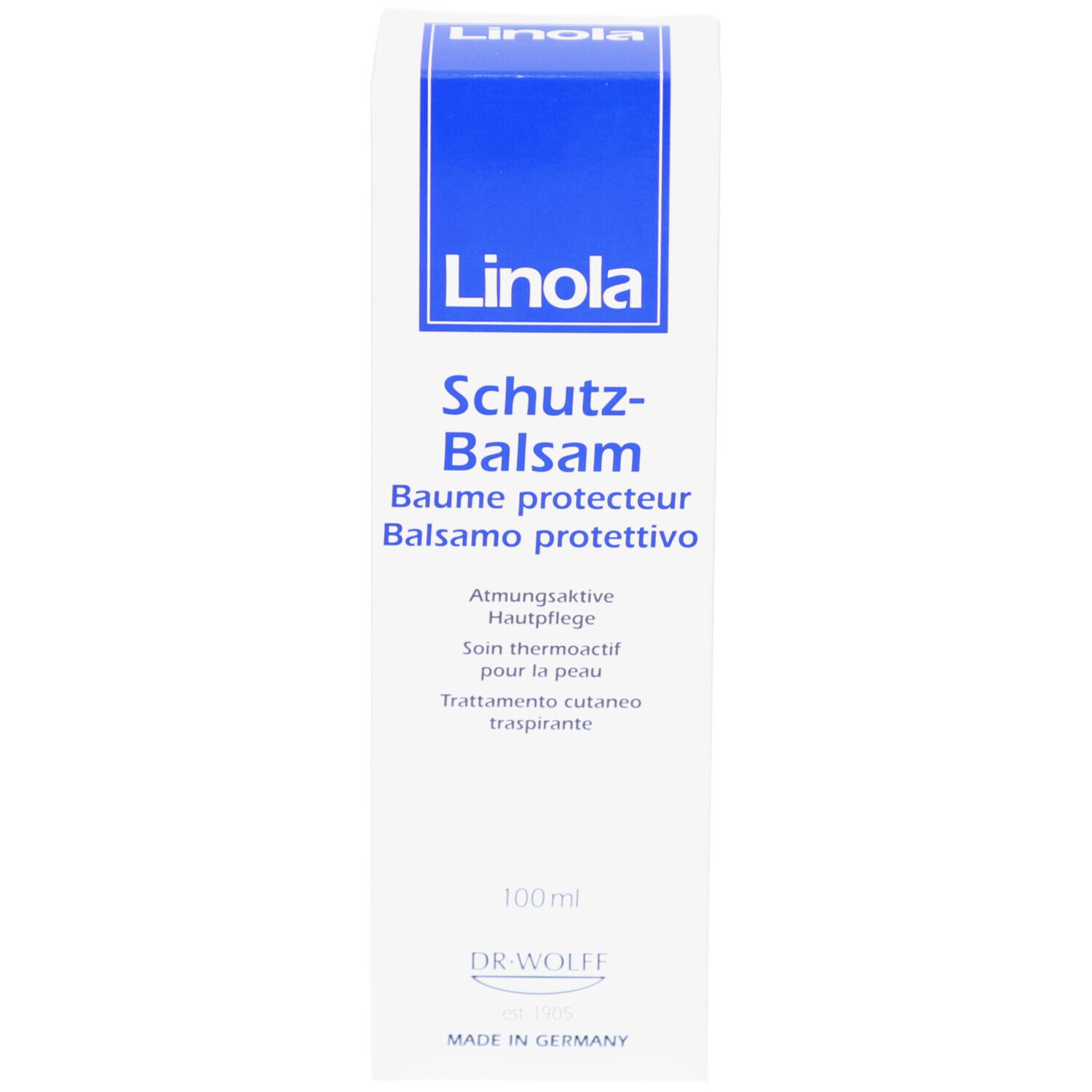 Boîte blanche avec bande bleue. Inscription Linola, Schutz-Balsam. 100ml. Dr. Wolff.