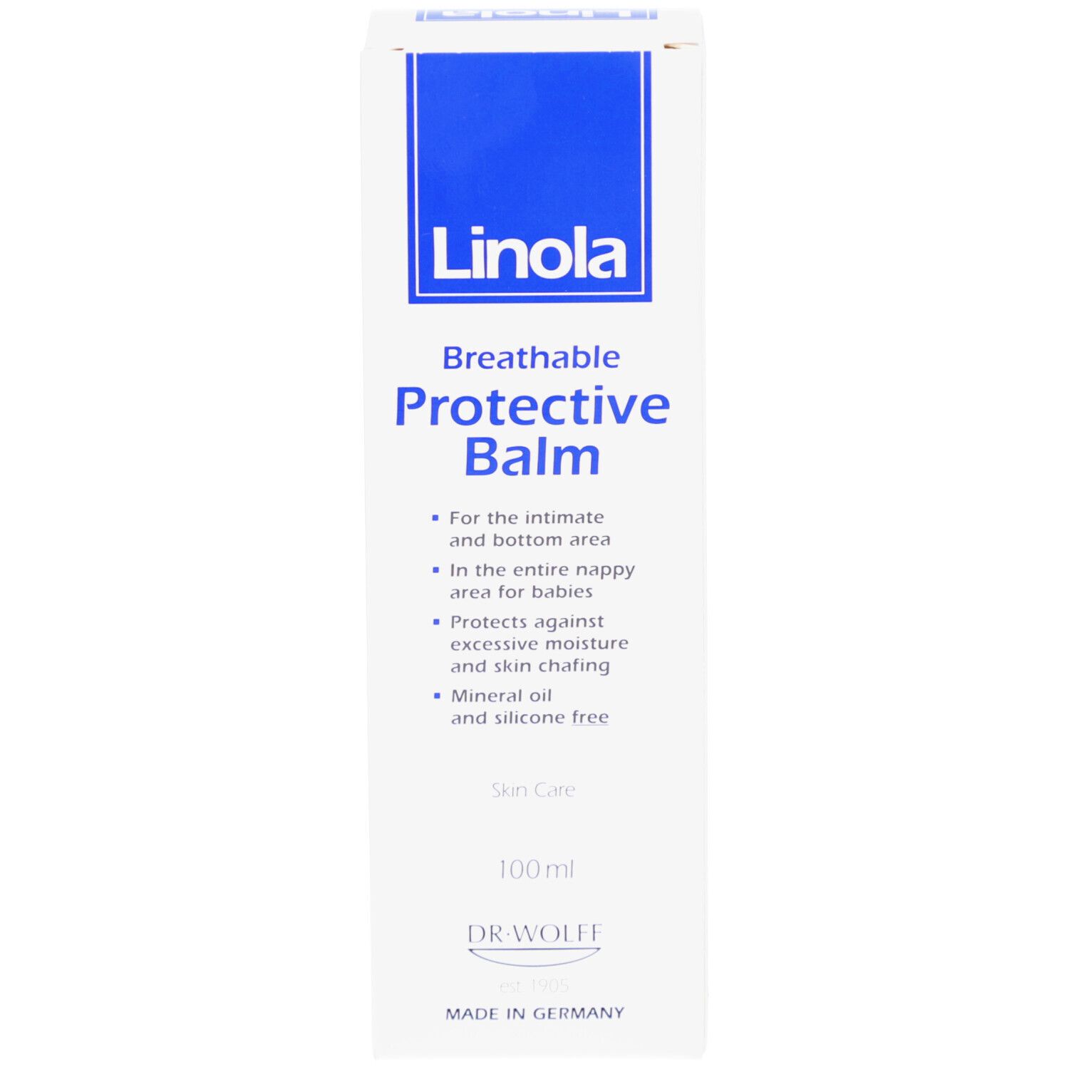 Boîte blanche avec bande bleue. Inscription: Breathable Protective Balm. 100ml.