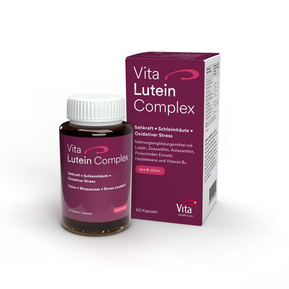 Flacon et boîte de Vita Lutein Complex®. Flacon brun avec bouchon blanc. Boîte rouge foncé avec texte blanc.