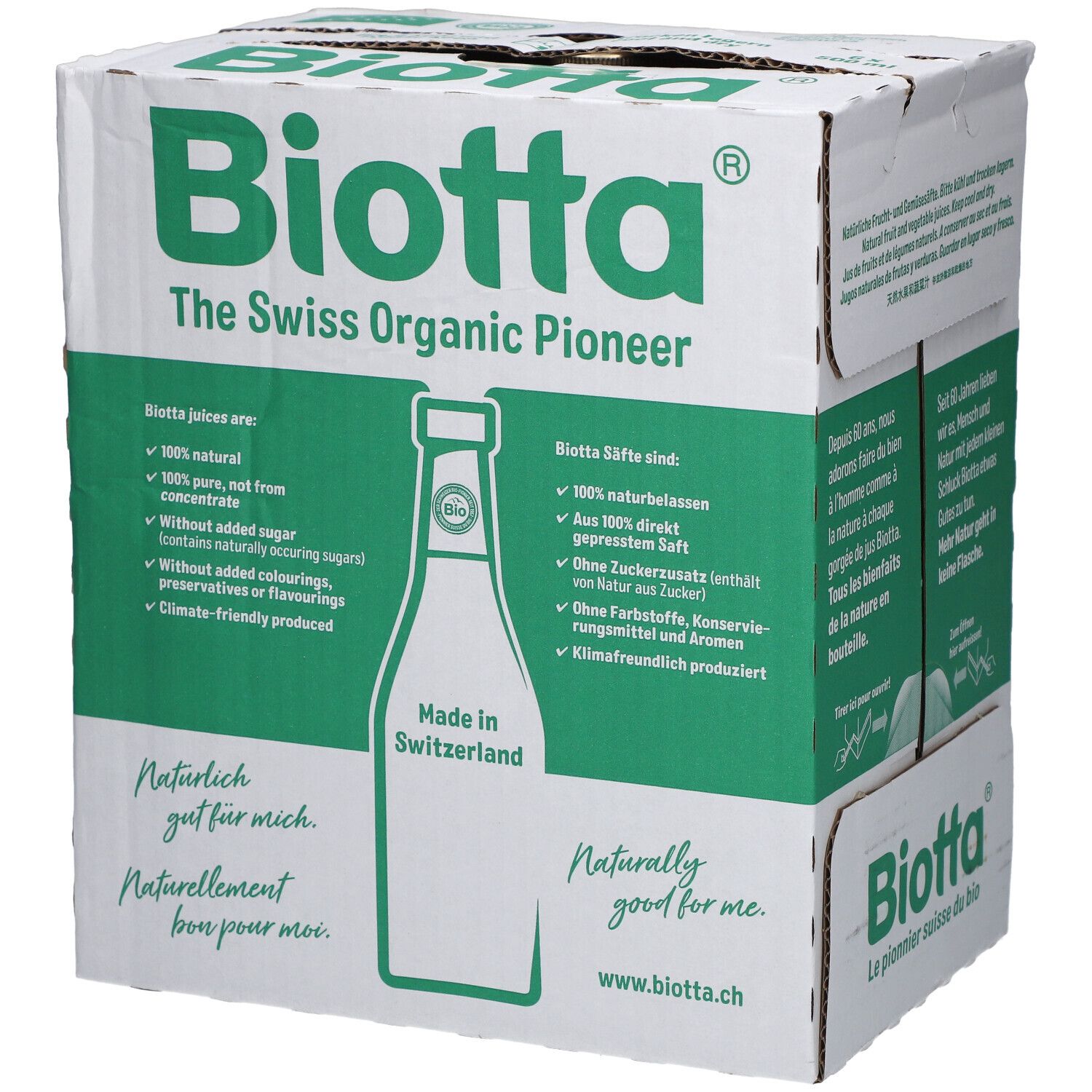 Carton BIOTTA avec éléments verts et blancs. Texte: The Swiss Organic Pioneer, Made in Switzerland. Contient 6 bouteilles.