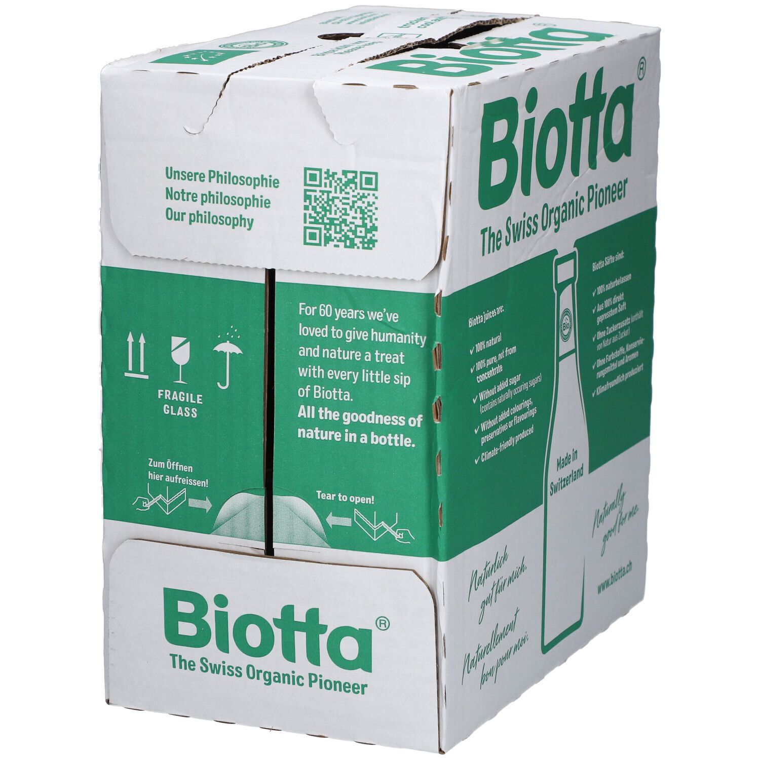 Carton BIOTTA avec éléments verts et blancs. Texte: The Swiss Organic Pioneer. Contient 6 bouteilles. Code QR et Fragile Glass.