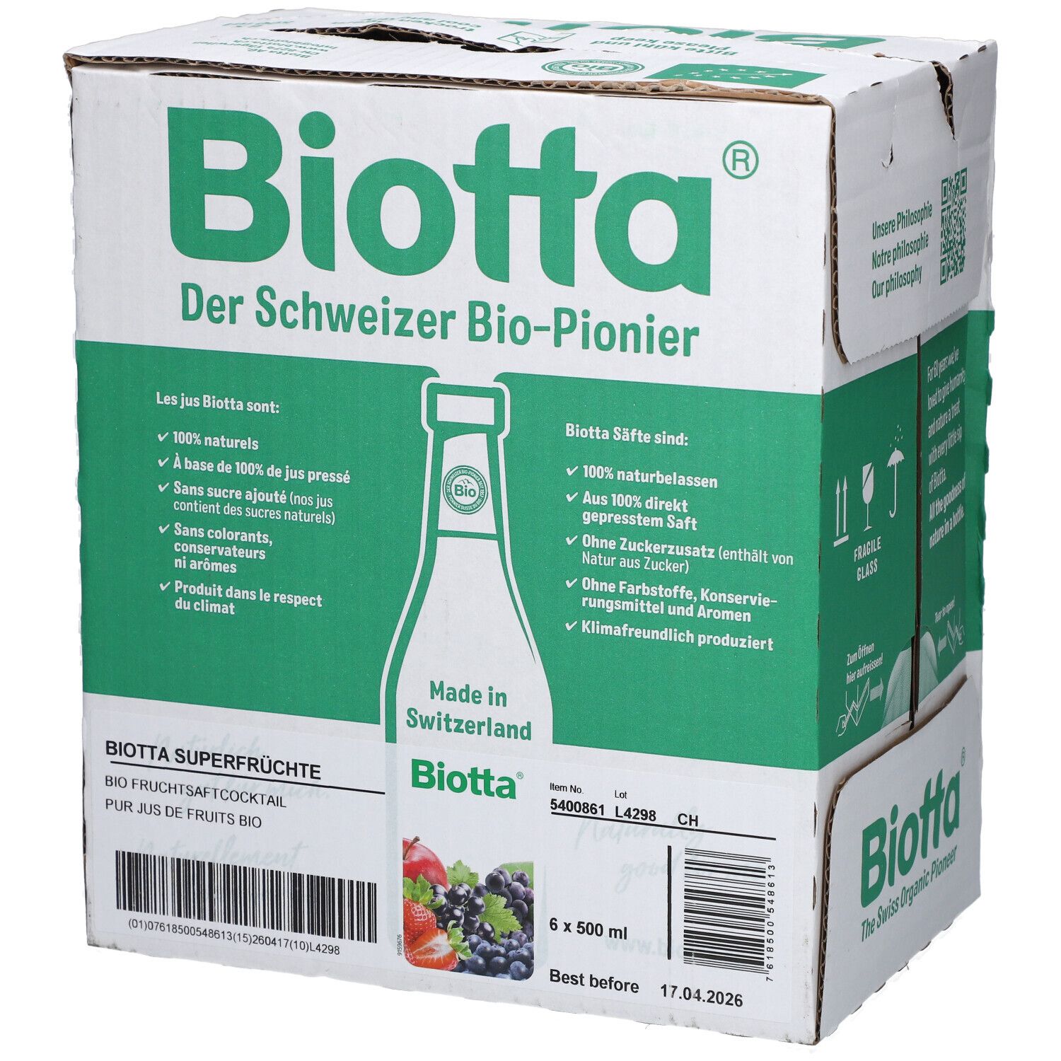 Carton BIOTTA avec éléments verts et blancs. Texte: Le pionnier suisse bio. 6 x 500 ml. DDM: 17.04.2026. Contient 6 bouteilles.
