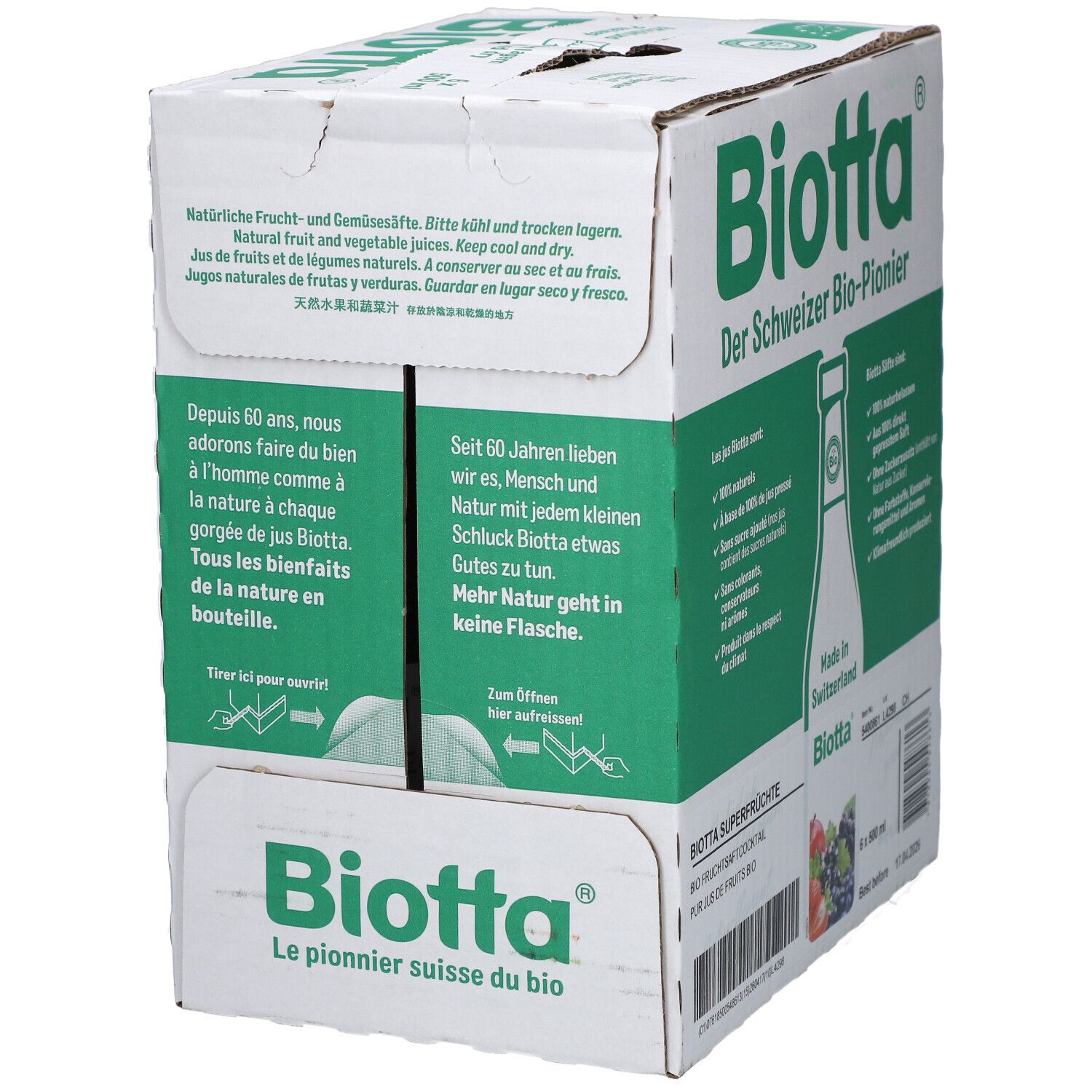 Carton BIOTTA avec éléments verts et blancs. Texte: Le pionnier suisse bio. Contient 6 bouteilles. Texte: Déchirer ici pour ouvrir.