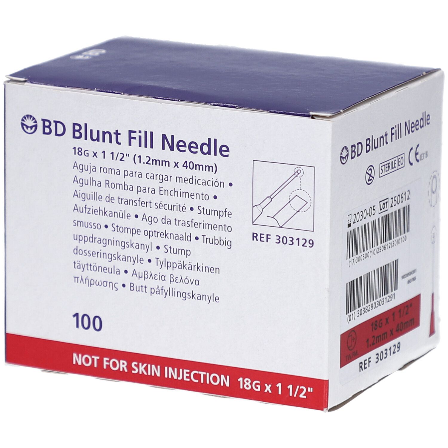 Boîte de BD Blunt Fill Needle. Carton blanc, texte bleu et accent rouge. Contient 100 aiguilles.