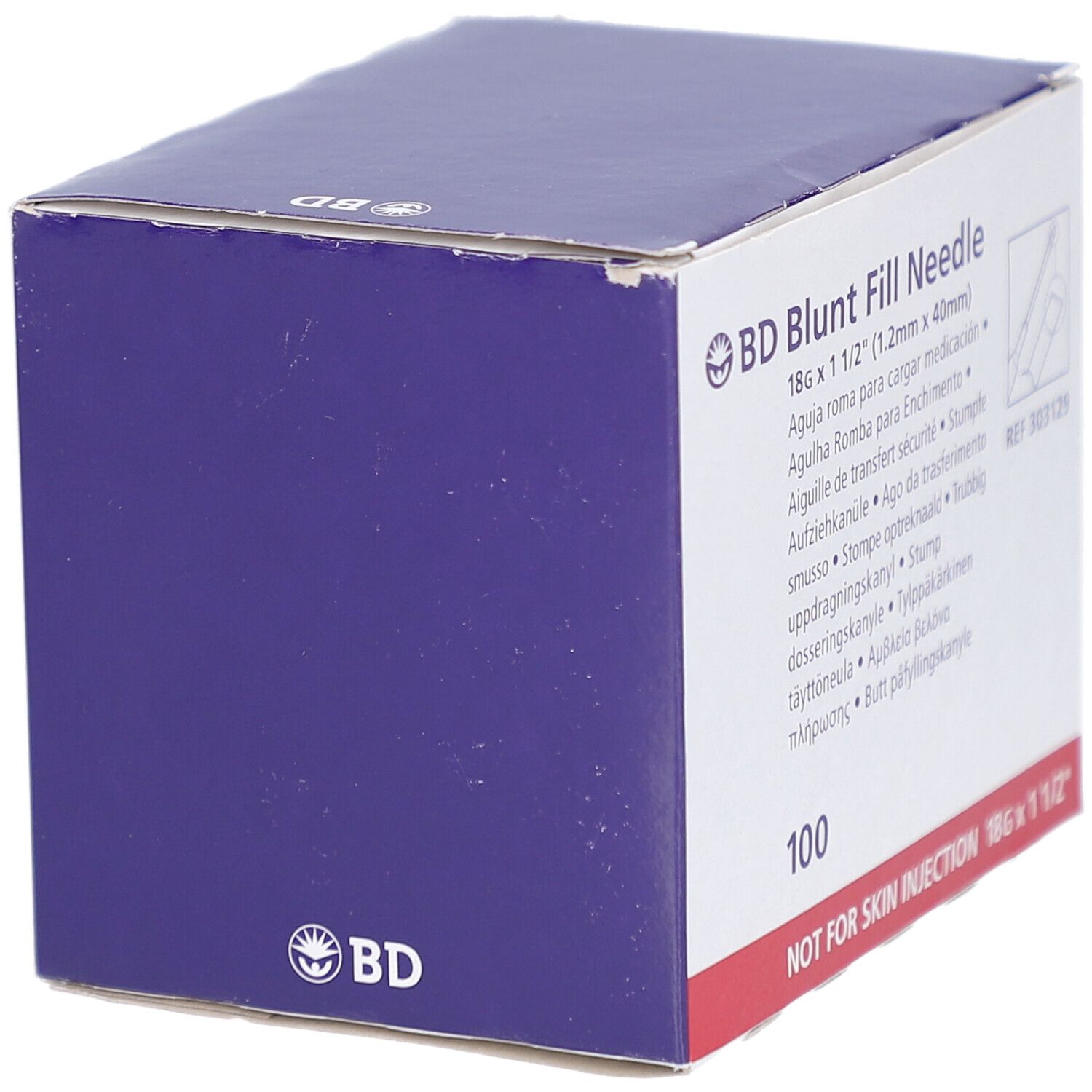 Boîte de BD Blunt Fill Needle. Blanche avec couvercle bleu et logo BD. Contient 100 aiguilles.