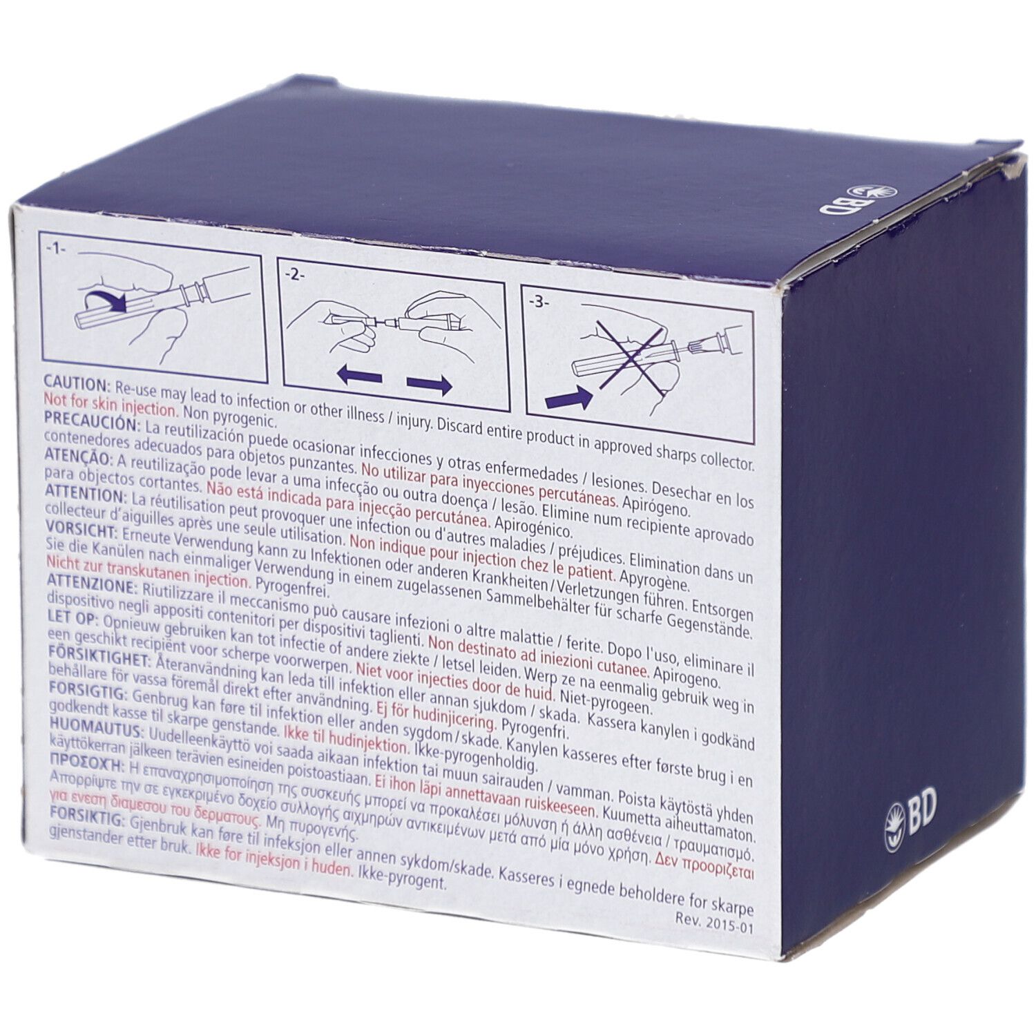 Dos de la boîte BD Blunt Fill Needle. Surface bleue avec avertissements et pictogrammes.