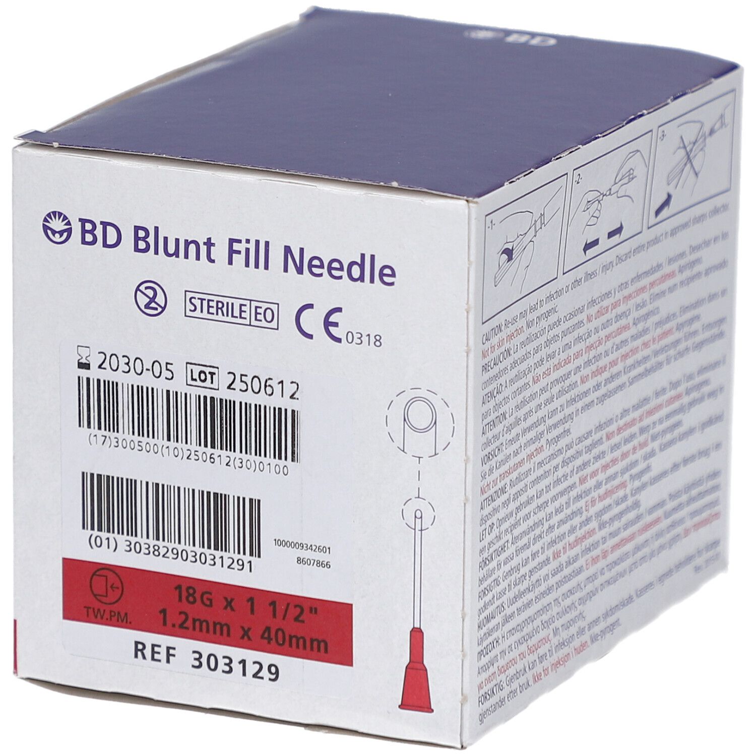 Boîte BD Blunt Fill Needle. Carton blanc avec aiguille rouge. Stérile, 18G x 1 1/2".