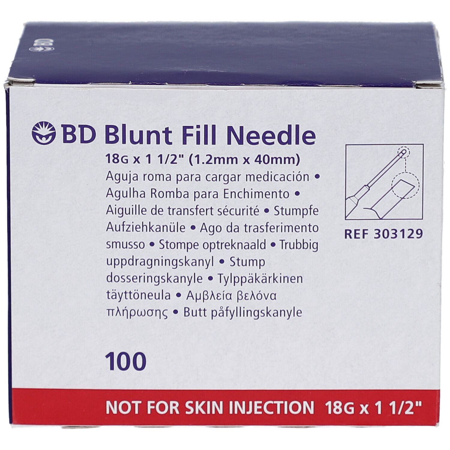 Boîte BD Blunt Fill Needle. Carton blanc avec texte bleu. Contient 100 aiguilles.