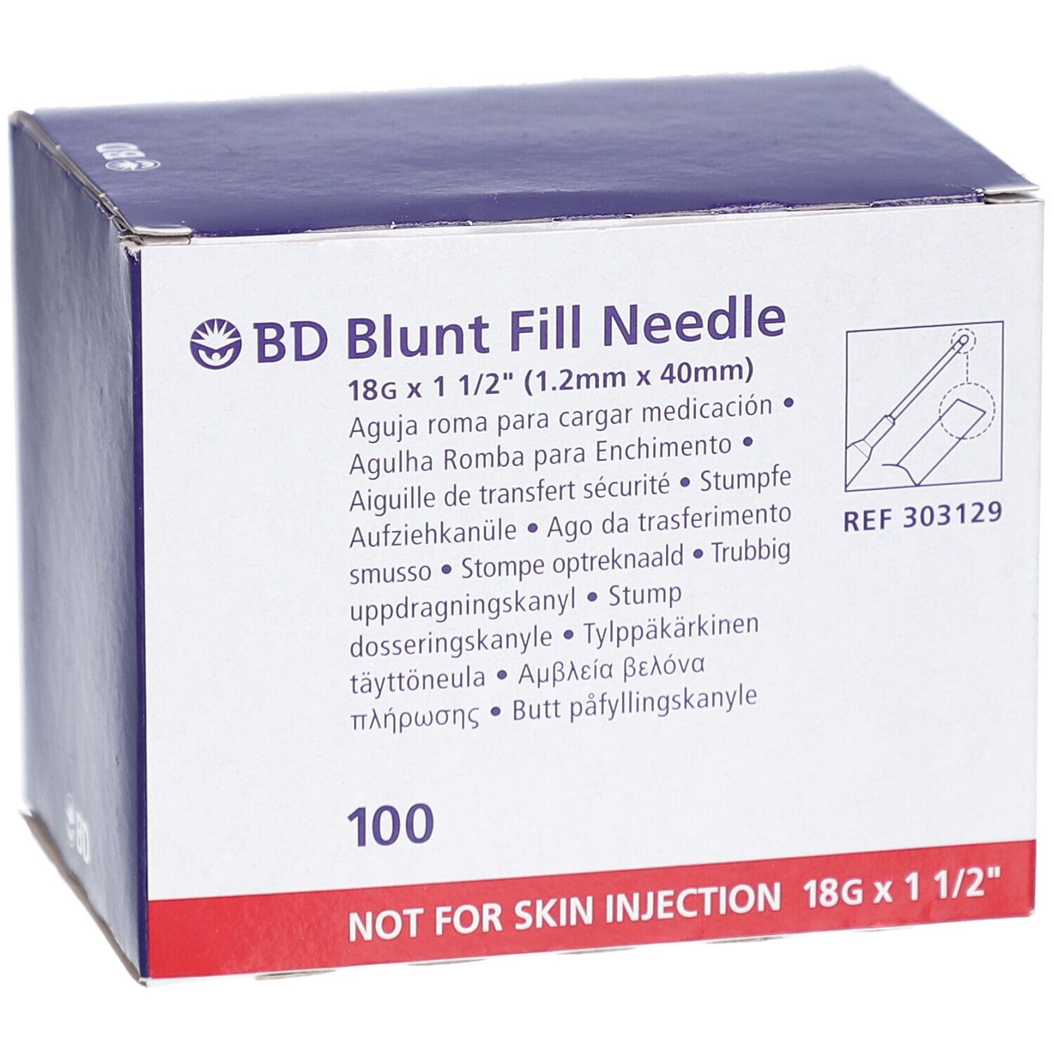 Boîte BD Blunt Fill Needle. Carton blanc avec texte bleu. Contient 100 aiguilles.