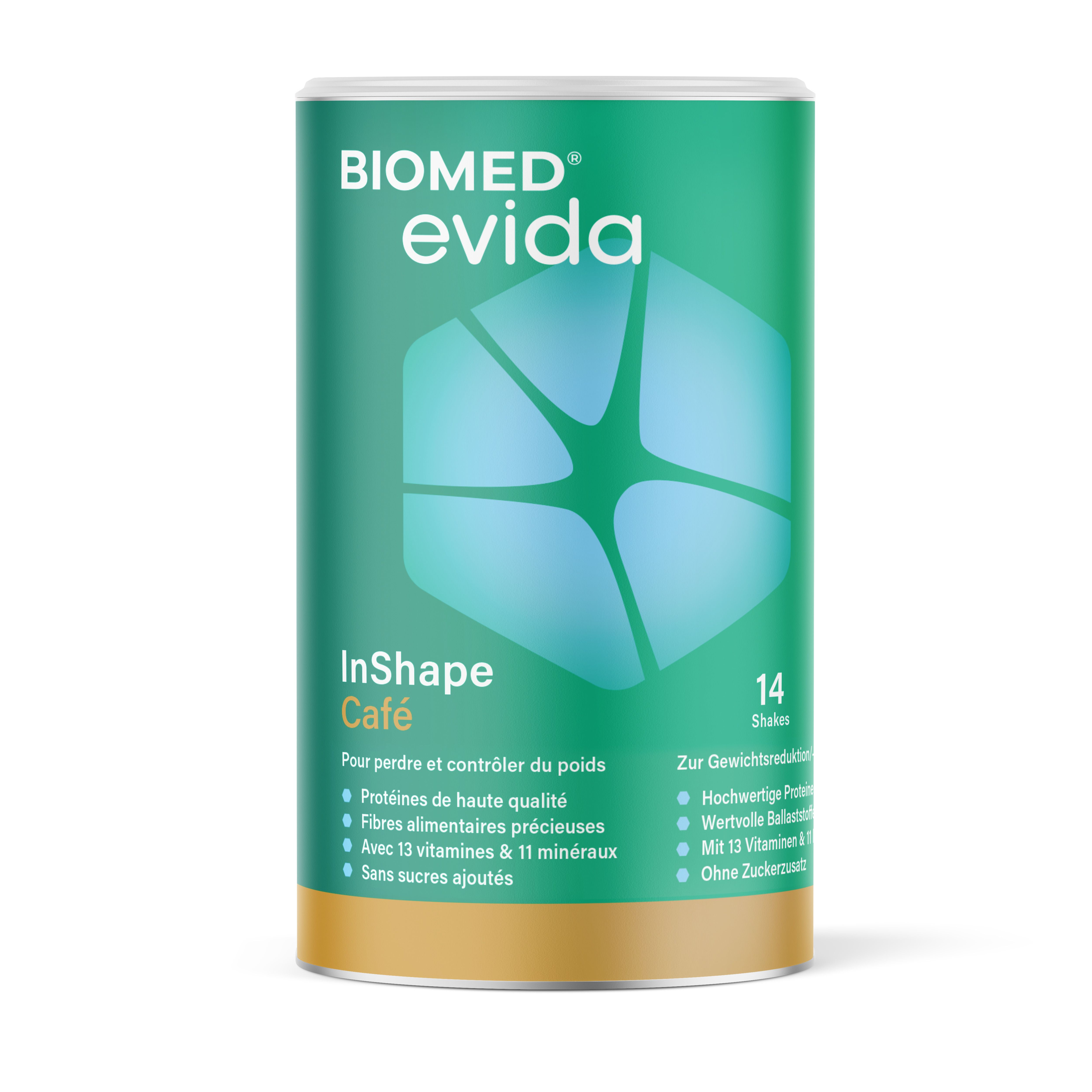 Boîte Biomed Evida InShape Café de 14 portions. Emballage vert et doré avec motif hexagonal.