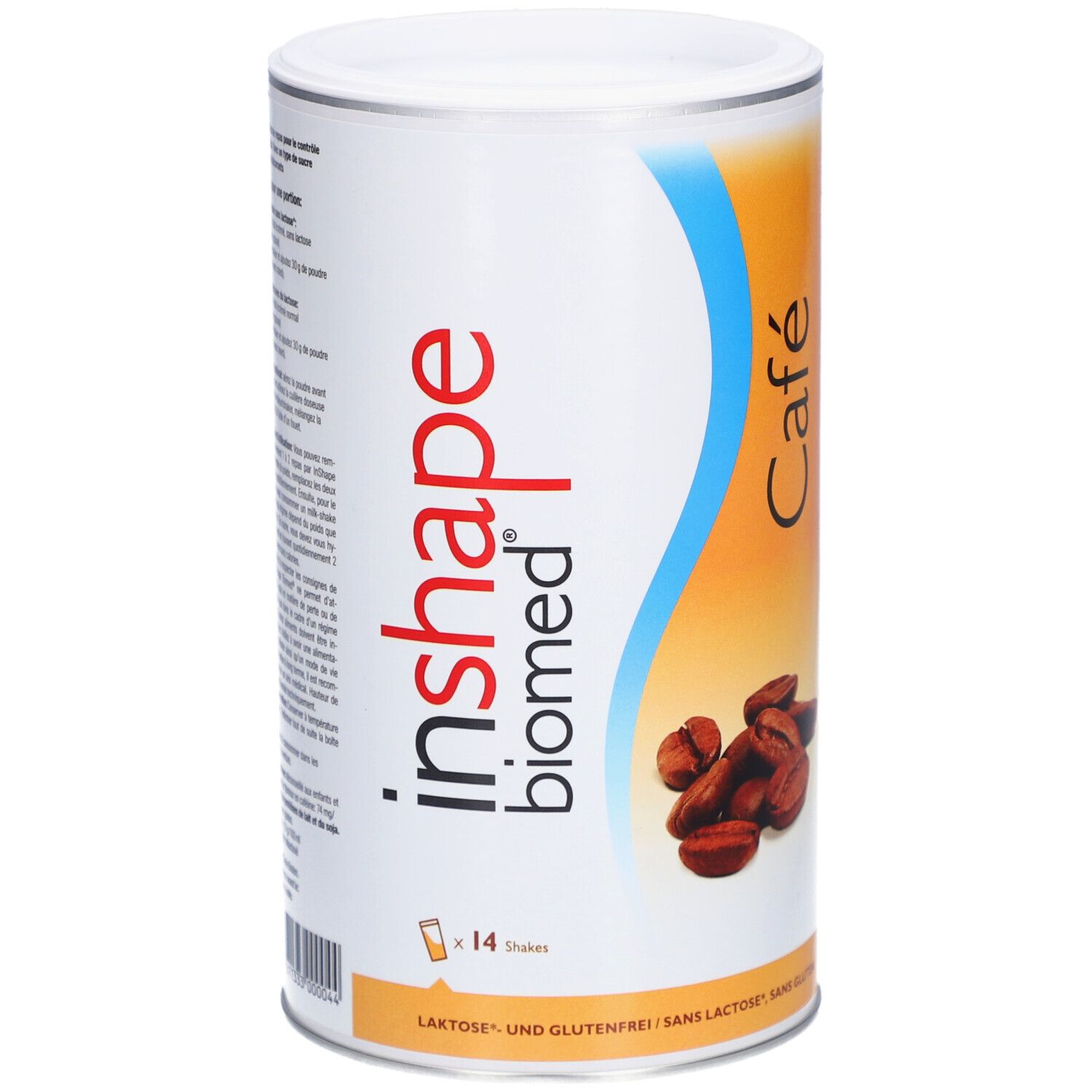 Boîte cylindrique Biomed® inshape Café. Design blanc, bleu et orange. Illustration de grains de café. Texte : Sans lactose et sans gluten.