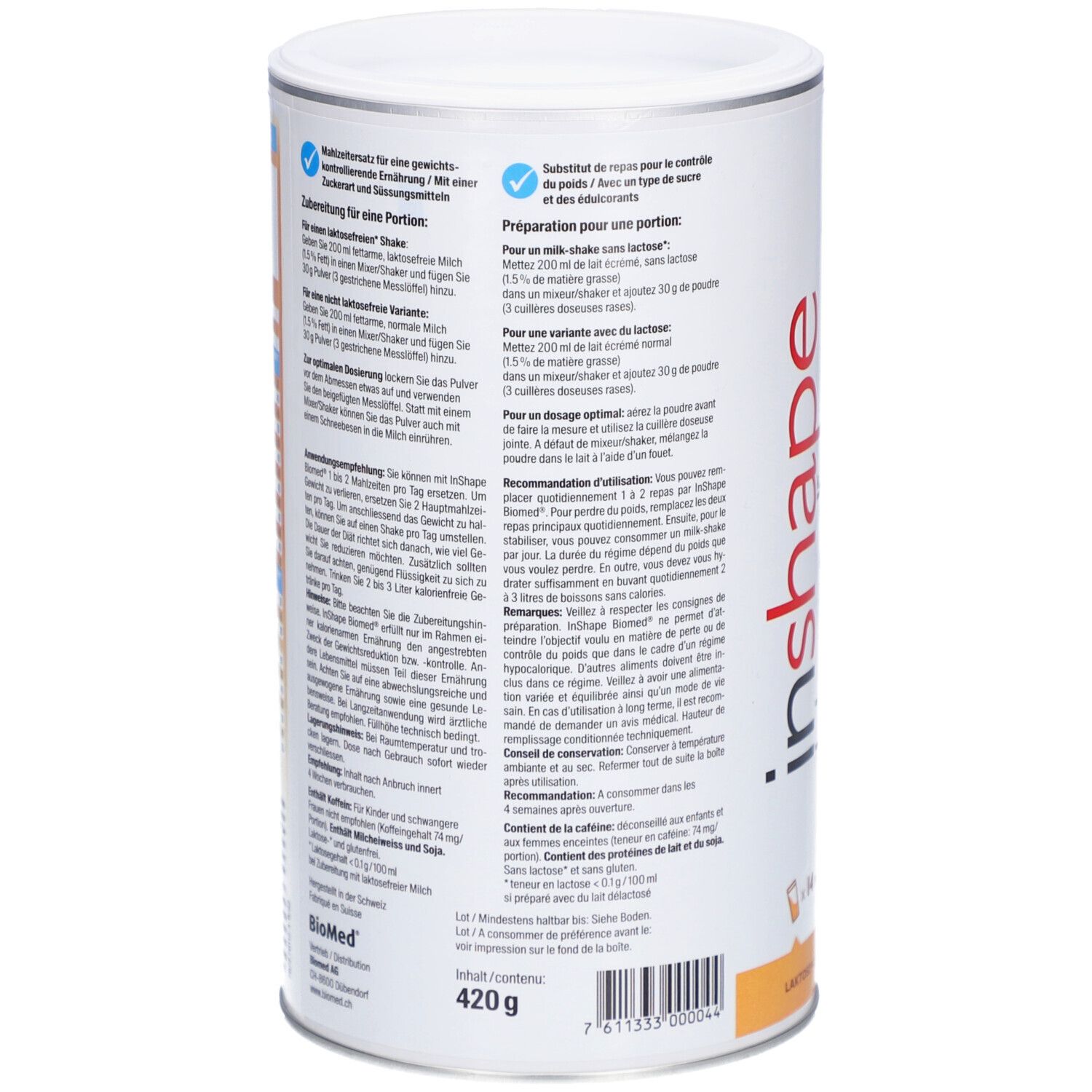Dos de la boîte Biomed® inshape Café. Texte en allemand et en français. Contient des informations sur la préparation et les ingrédients.