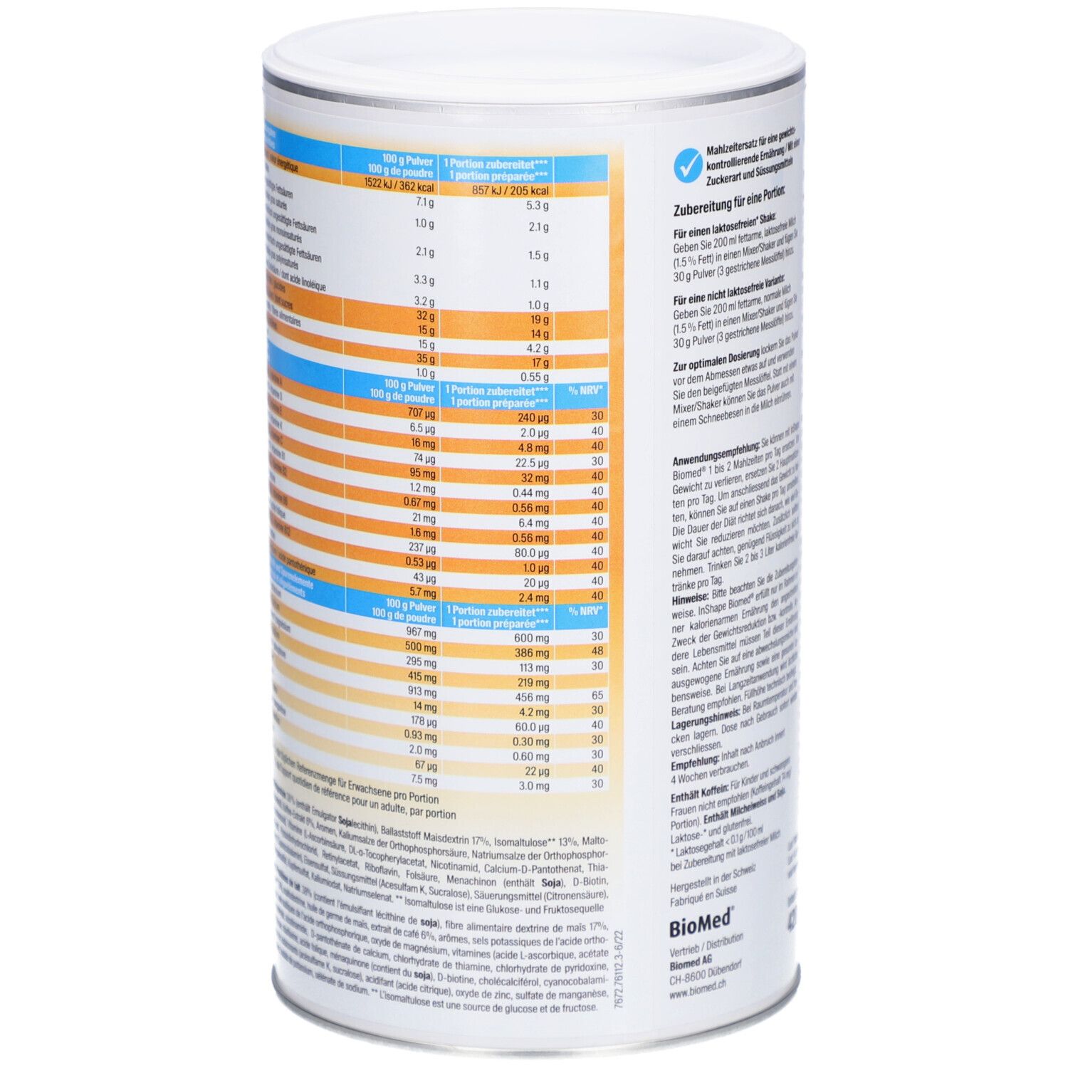 Côté de la boîte Biomed® inshape Café. Tableau nutritionnel avec informations sur les calories, les protéines, les glucides et les vitamines.