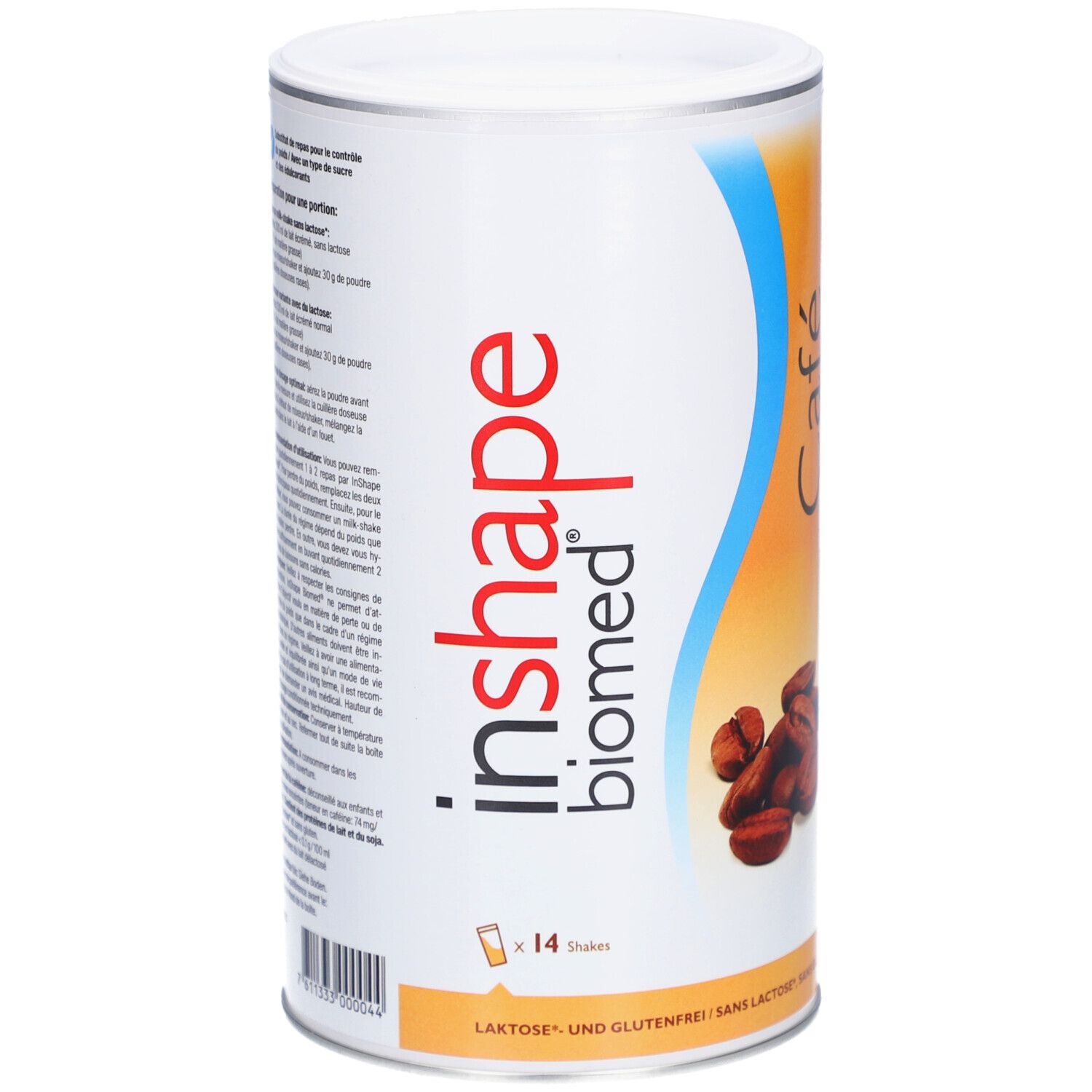Boîte cylindrique Biomed® inshape Café. Design blanc, bleu et orange. Illustration de grains de café. Texte : Sans lactose et sans gluten.