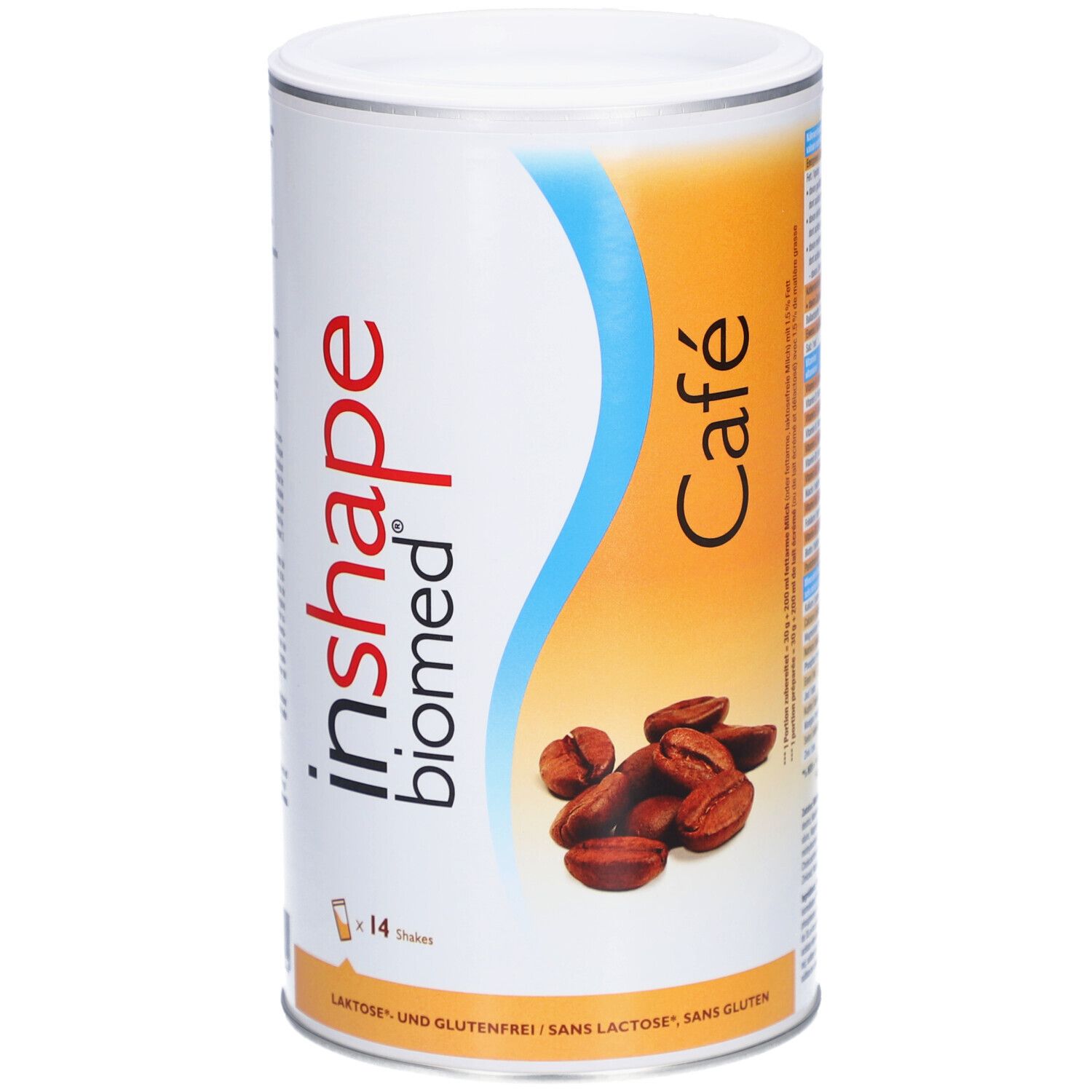Boîte cylindrique Biomed® inshape Café. Design blanc, bleu et orange. Illustration de grains de café. Texte : Sans lactose et sans gluten.