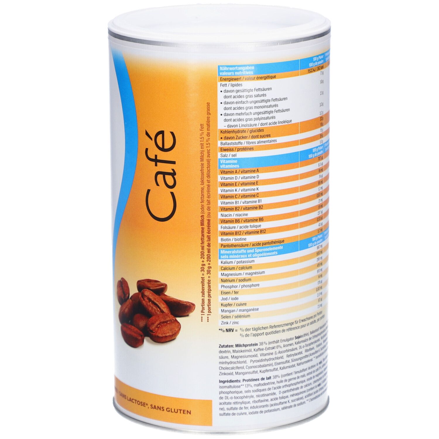Côté de la boîte Biomed® inshape Café. Tableau nutritionnel avec informations sur les calories, les protéines, les glucides et les vitamines.