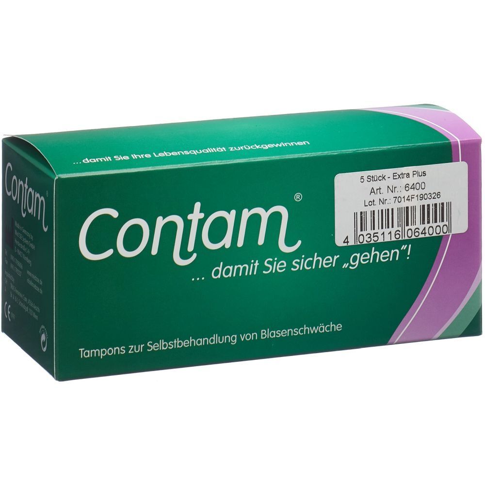 Boîte verte "Contam". Inscription "5 Stück - Extra Plus". Contient des tampons pour l'auto-traitement de l'incontinence urinaire.