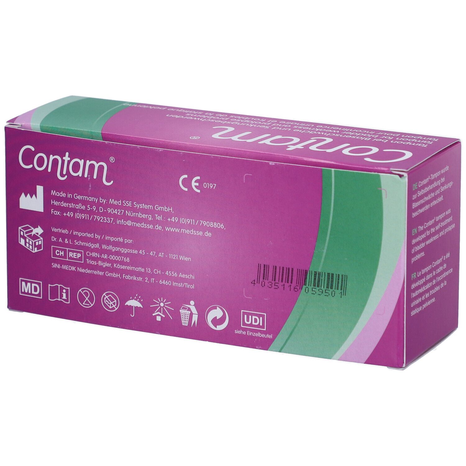 Boîte de tampons Contam®. Boîte violette avec texte blanc. Pour incontinence urinaire et troubles statique pelvien.