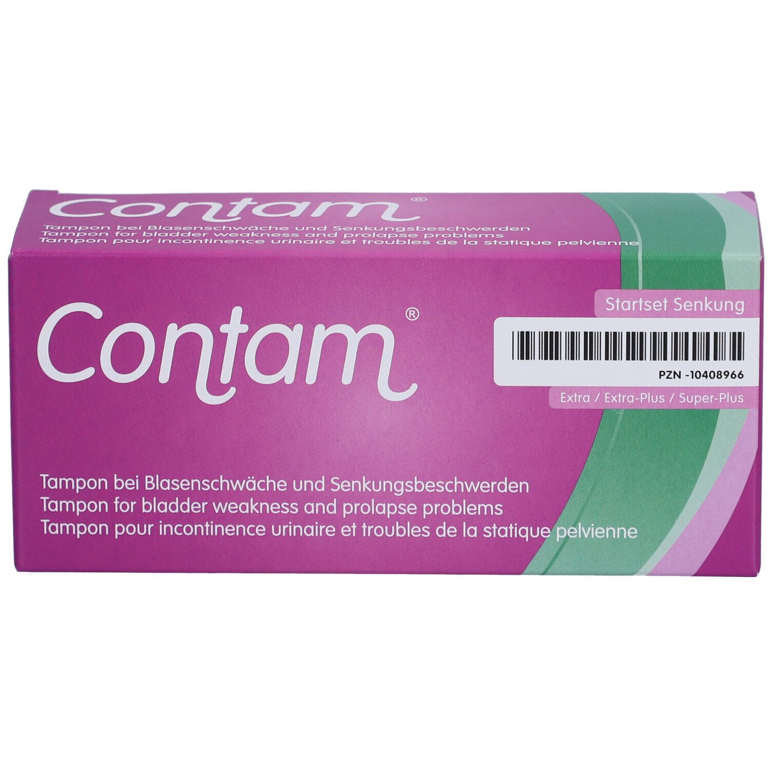 Boîte de tampons Contam®. Boîte violette avec texte blanc. Pour incontinence urinaire et troubles statique pelvien.