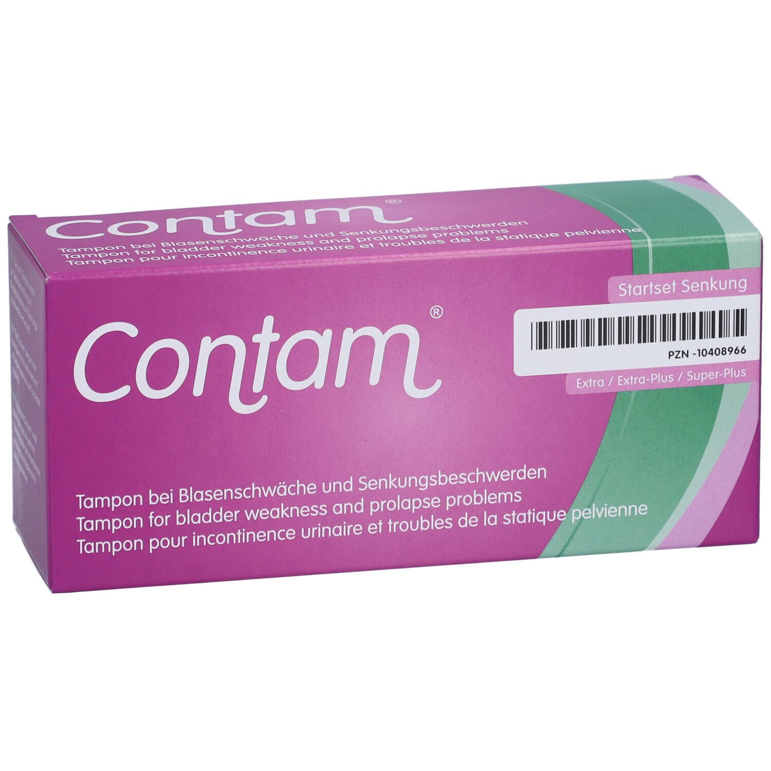 Boîte de tampons Contam®. Boîte violette avec texte blanc. Pour incontinence urinaire et troubles statique pelvien.