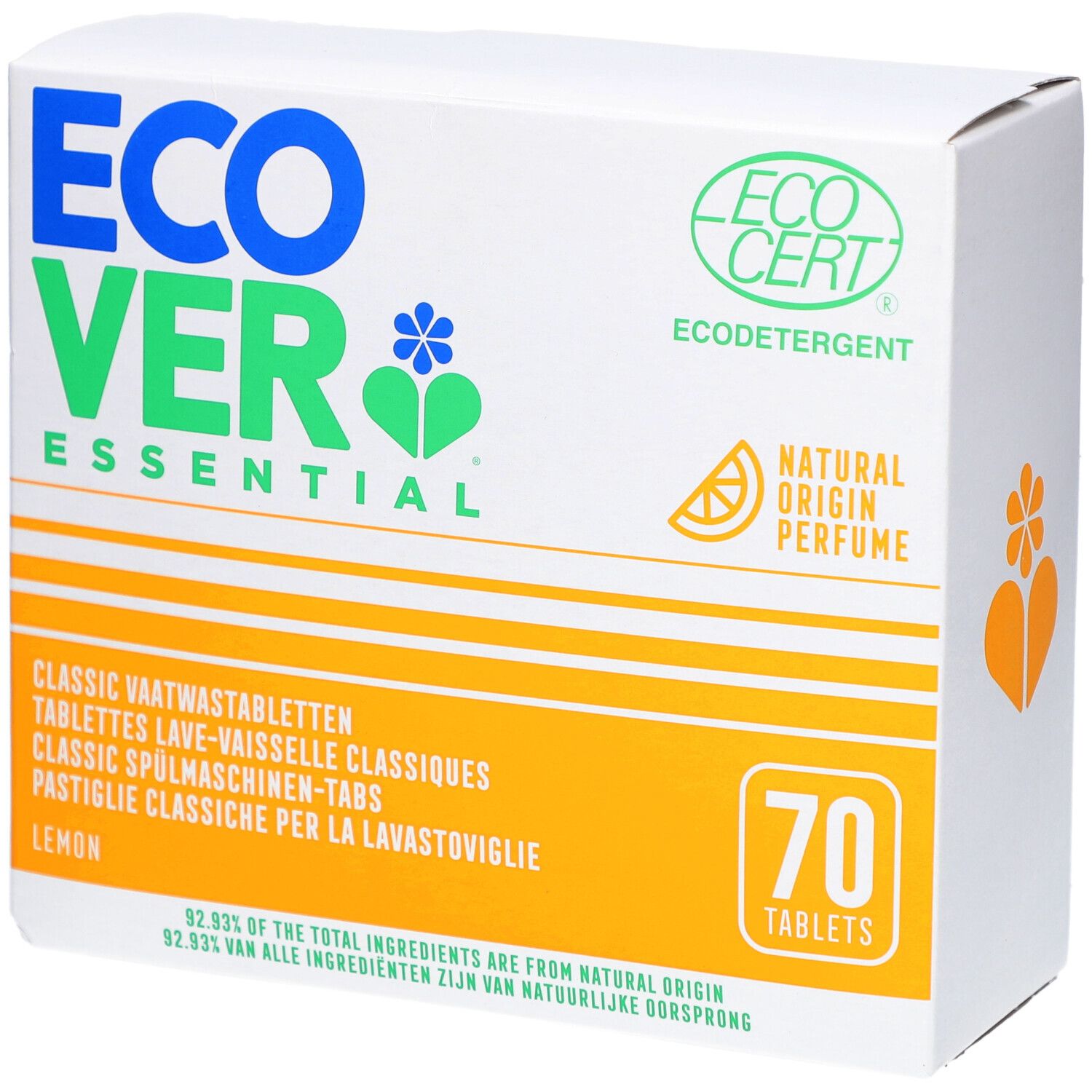 Boîte en carton blanche Ecover Essential. Contient 70 tablettes lave-vaisselle. Certification Ecocert.