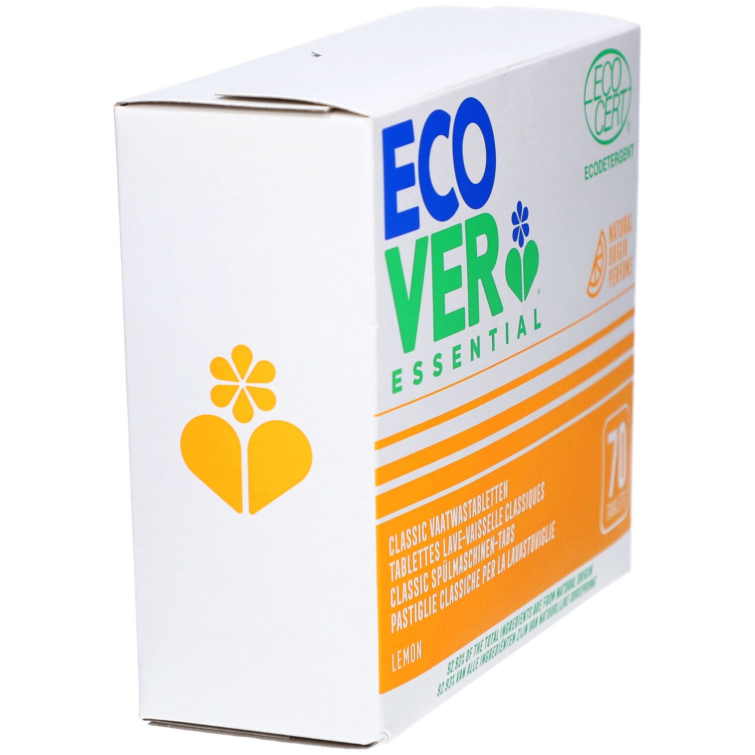 Boîte en carton Ecover Essential, vue en coin. Contient 70 tablettes lave-vaisselle. Certification Ecocert.
