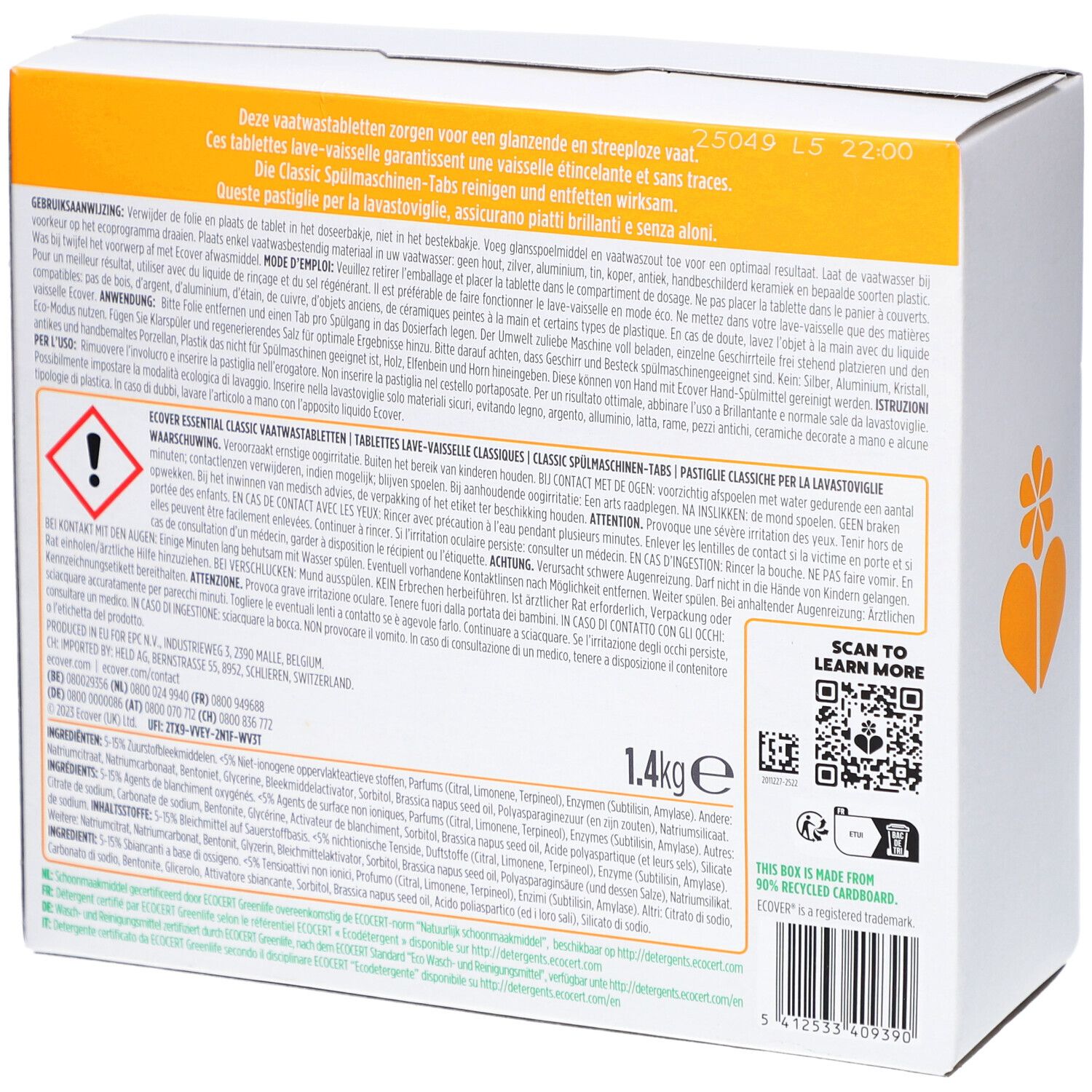 Dos de la boîte en carton Ecover Essential. Contient du texte et des avertissements. Contenu de 1,4 kg.