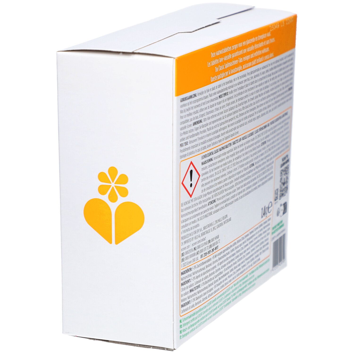 Boîte en carton Ecover Essential, vue latérale. Contient du texte et des avertissements. Contenu de 1,4 kg.