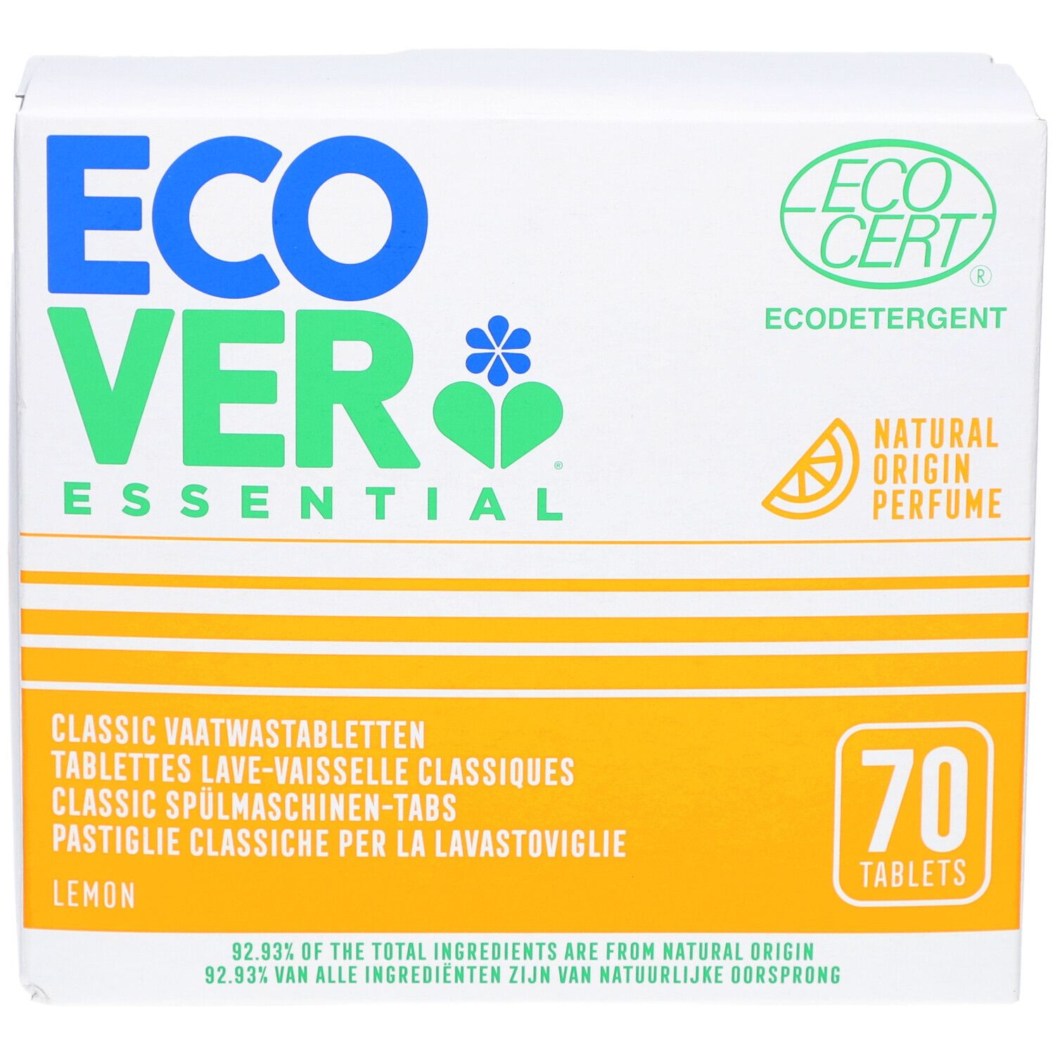 Boîte en carton blanche Ecover Essential. Contient 70 tablettes lave-vaisselle. Certification Ecocert.
