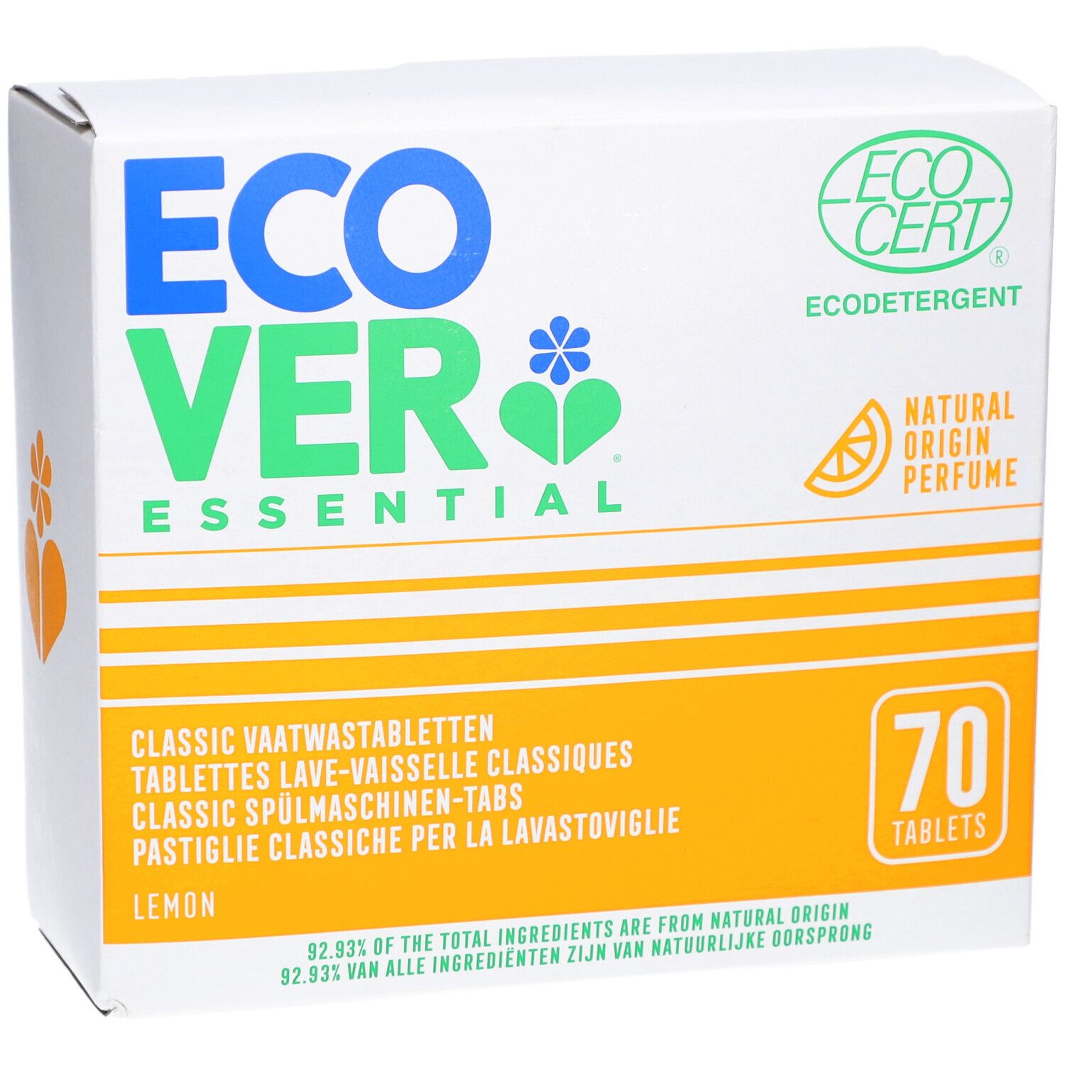 Boîte en carton blanche Ecover Essential. Contient 70 tablettes lave-vaisselle. Certification Ecocert.