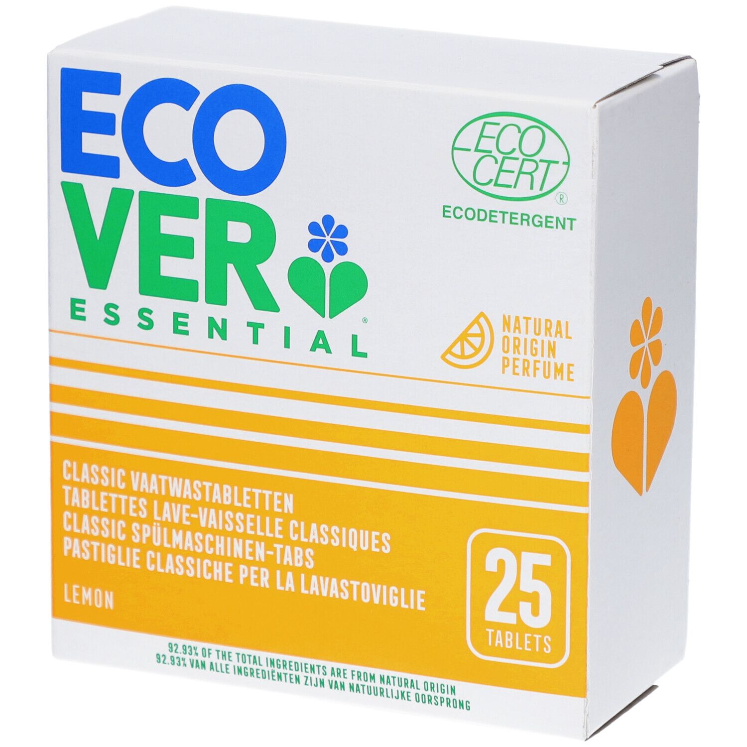 Boîte en carton blanche avec logo bleu-vert et accents jaunes. Contient 25 tablettes lave-vaisselle parfum citron. Certification ECOCERT.