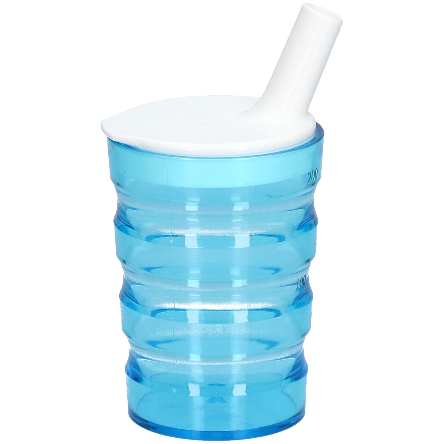 Gobelet bleu avec surface rainurée, couvercle blanc et bec verseur. Marques de volume.