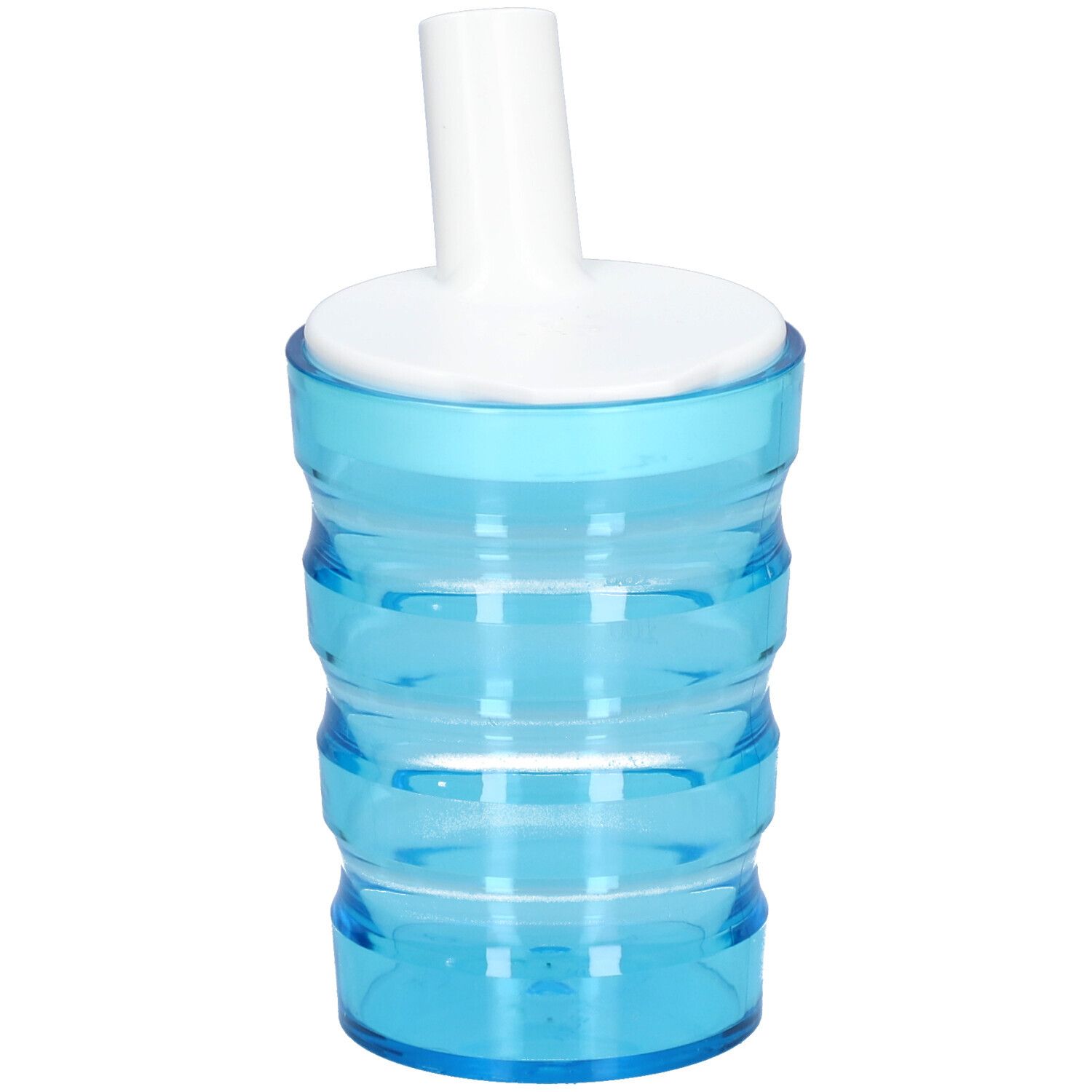 Gobelet bleu avec surface rainurée, couvercle blanc et bec verseur. Marques de volume.