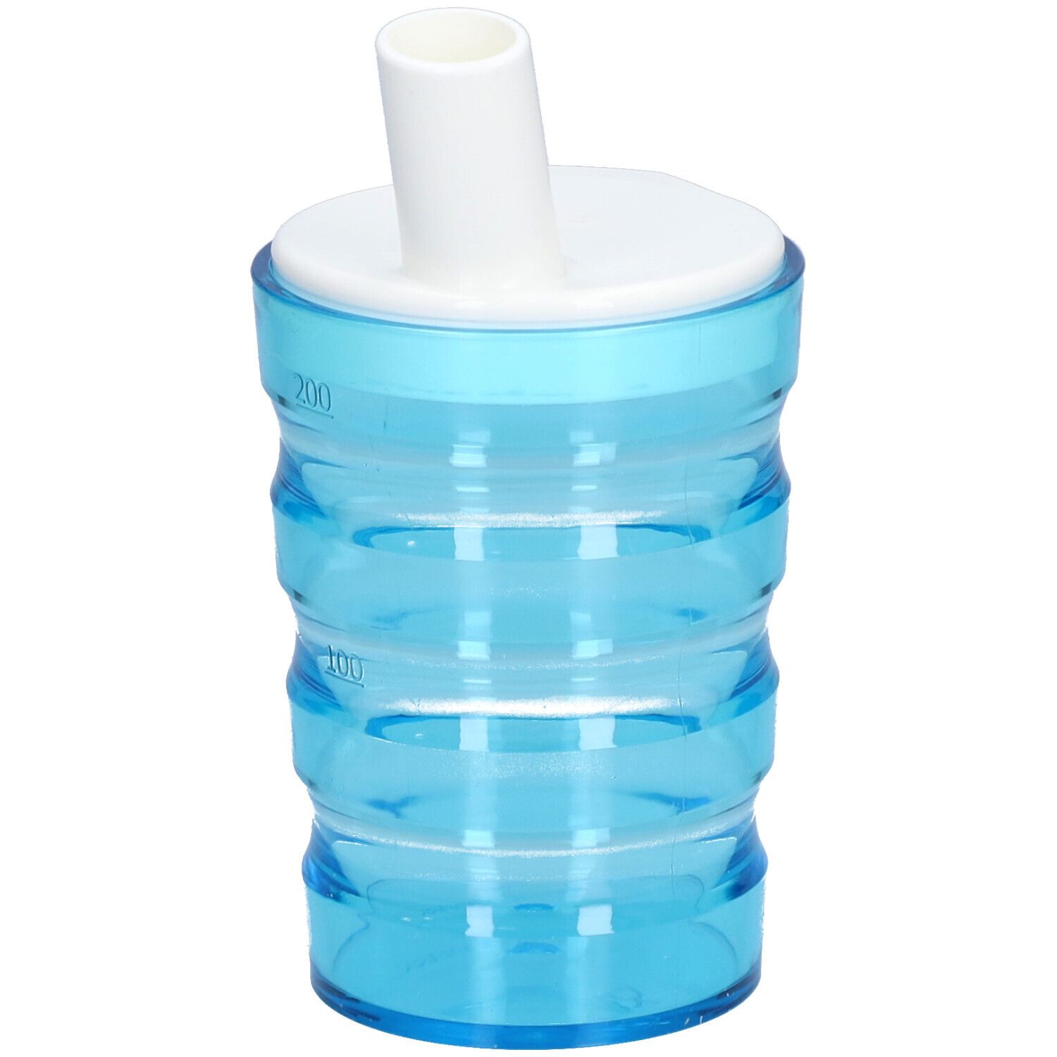 Gobelet bleu avec surface rainurée, couvercle blanc et bec verseur. Marques de volume.