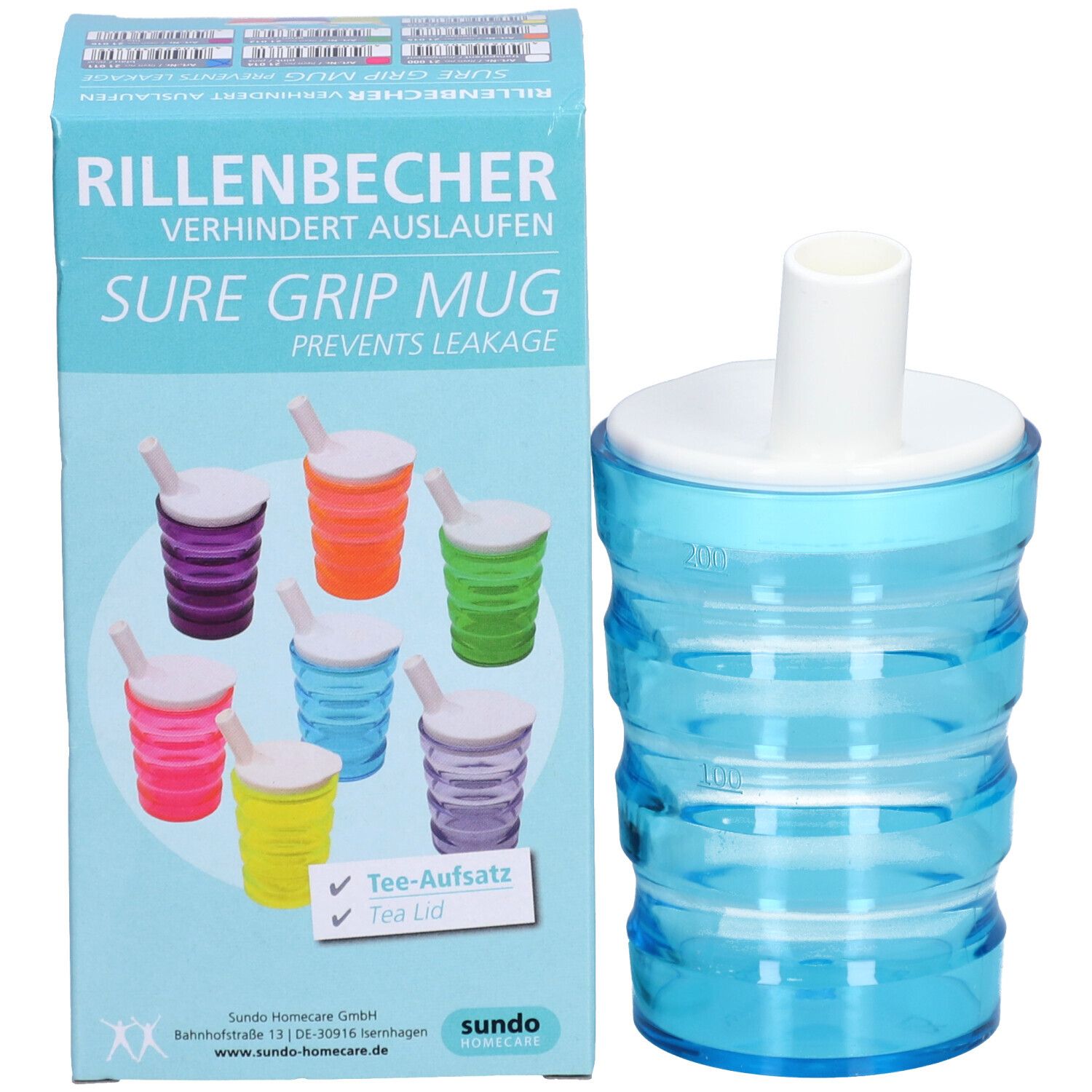 Gobelet bleu avec surface rainurée, couvercle blanc et bec verseur, à côté de l'emballage. Texte: Rillenbecher, Sure Grip Mug.