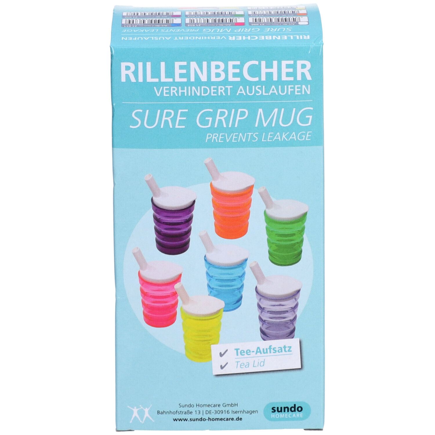 Emballage avec illustration de gobelets colorés. Texte: Rillenbecher, Sure Grip Mug. Logo: Sundo.